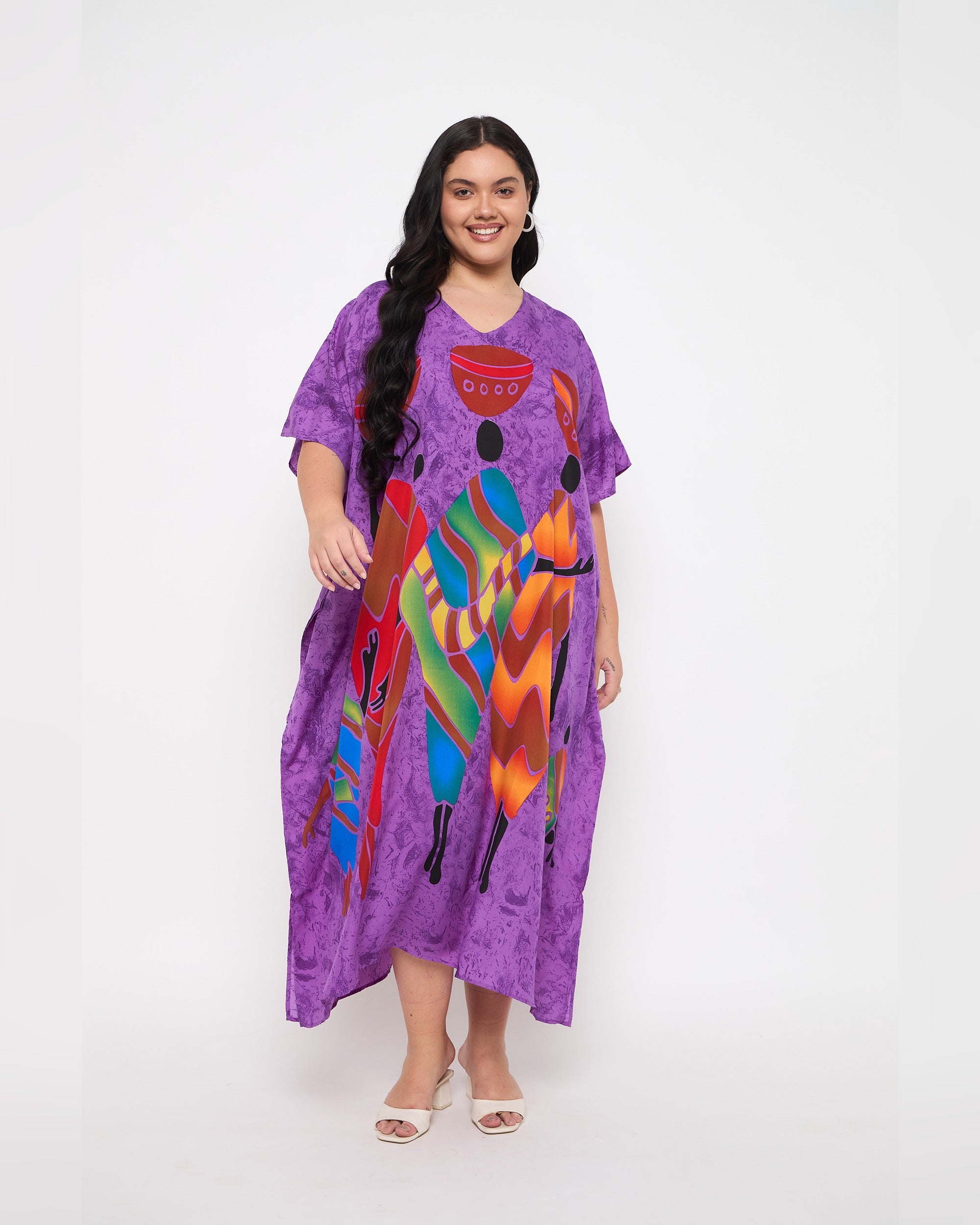 Lady Tribal Purple Polyester Women Plus Size Long Kaftan Dress