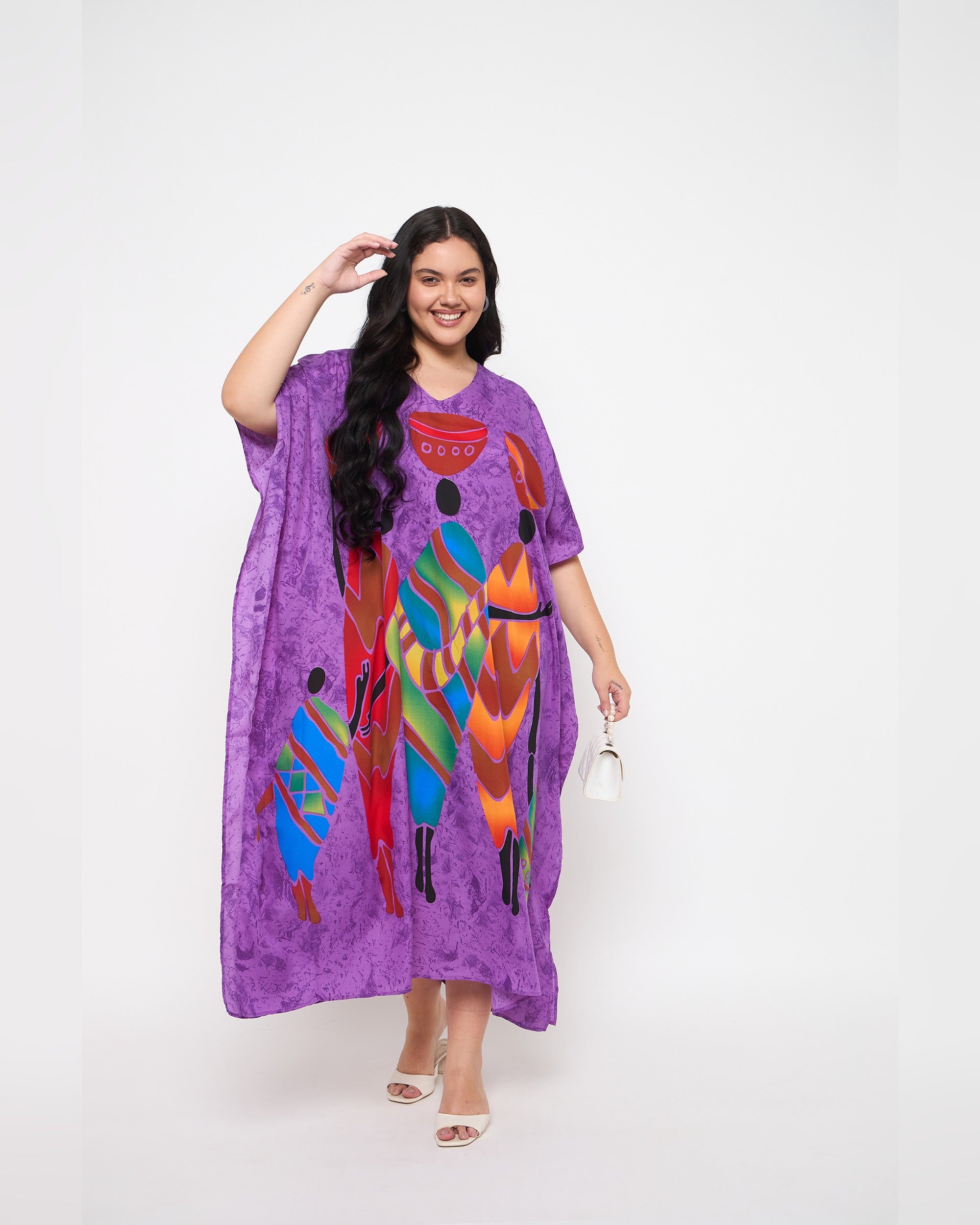 Lady Tribal Purple Polyester Women Plus Size Long Kaftan Dress