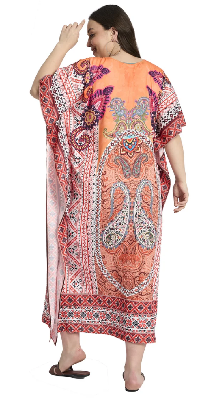 Peach Ornate Paisley Polyester Plus Size Kaftan for Women 1X-3X | GypsieBlu