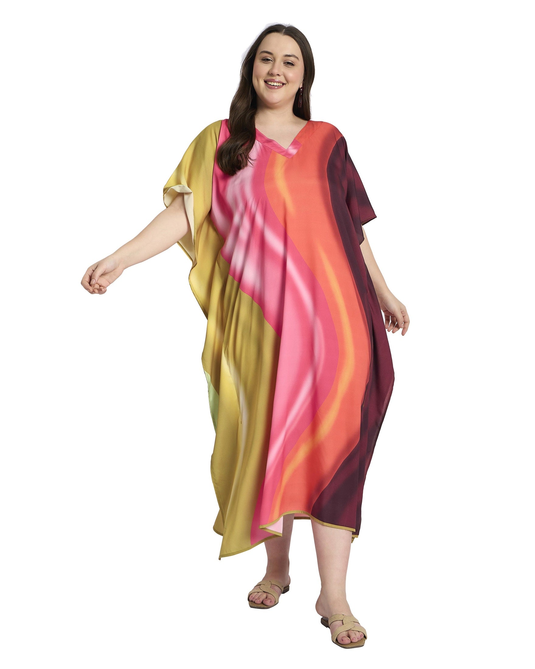 Striped Print Multicolor Plus Size Caftan Dress for Vacations