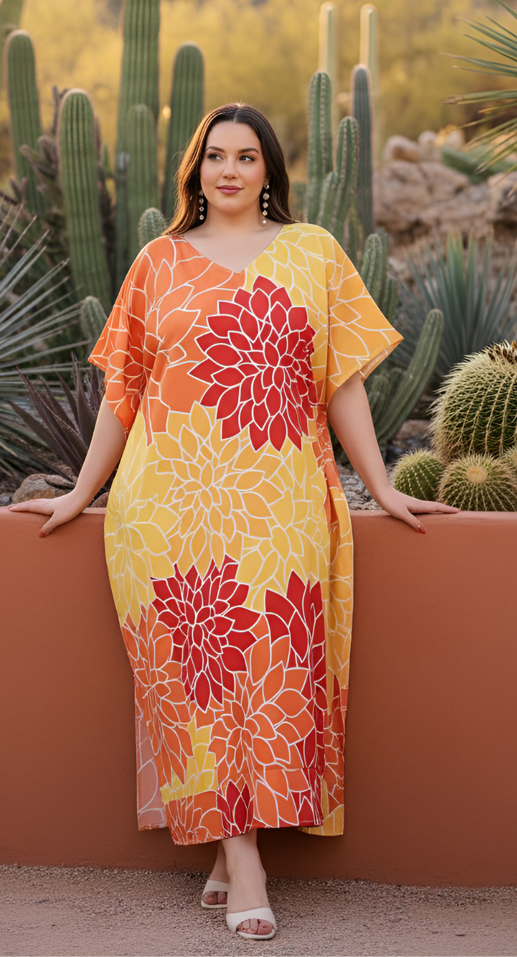Yellow Polyester Floral Plus Size Beach Caftan Dress for Women