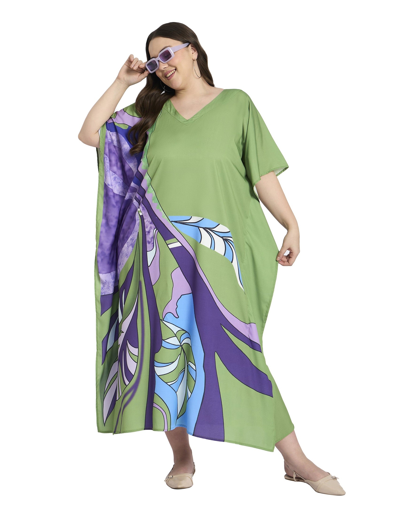 Leaf Print Polyester Green Women Plus Size Casual Kaftan Dress