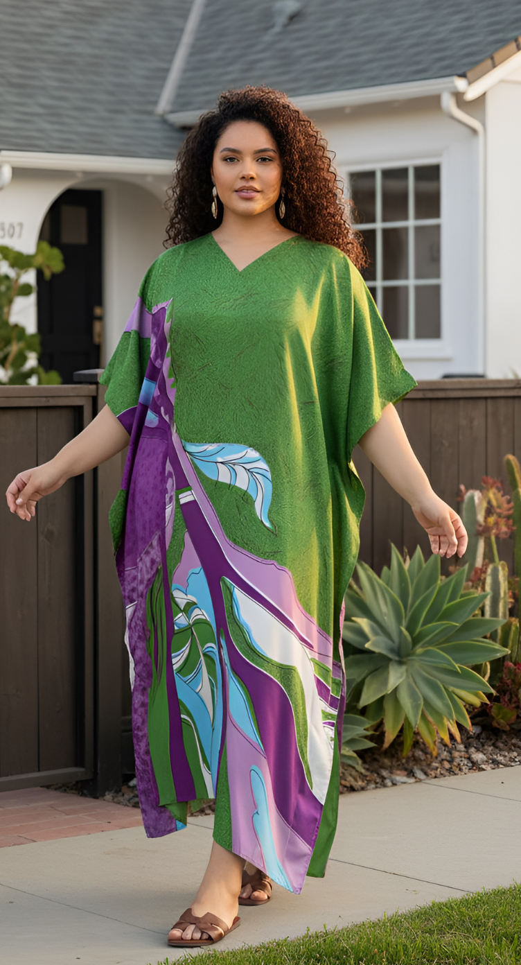 Leaf Print Polyester Green Women Plus Size Casual Kaftan Dress