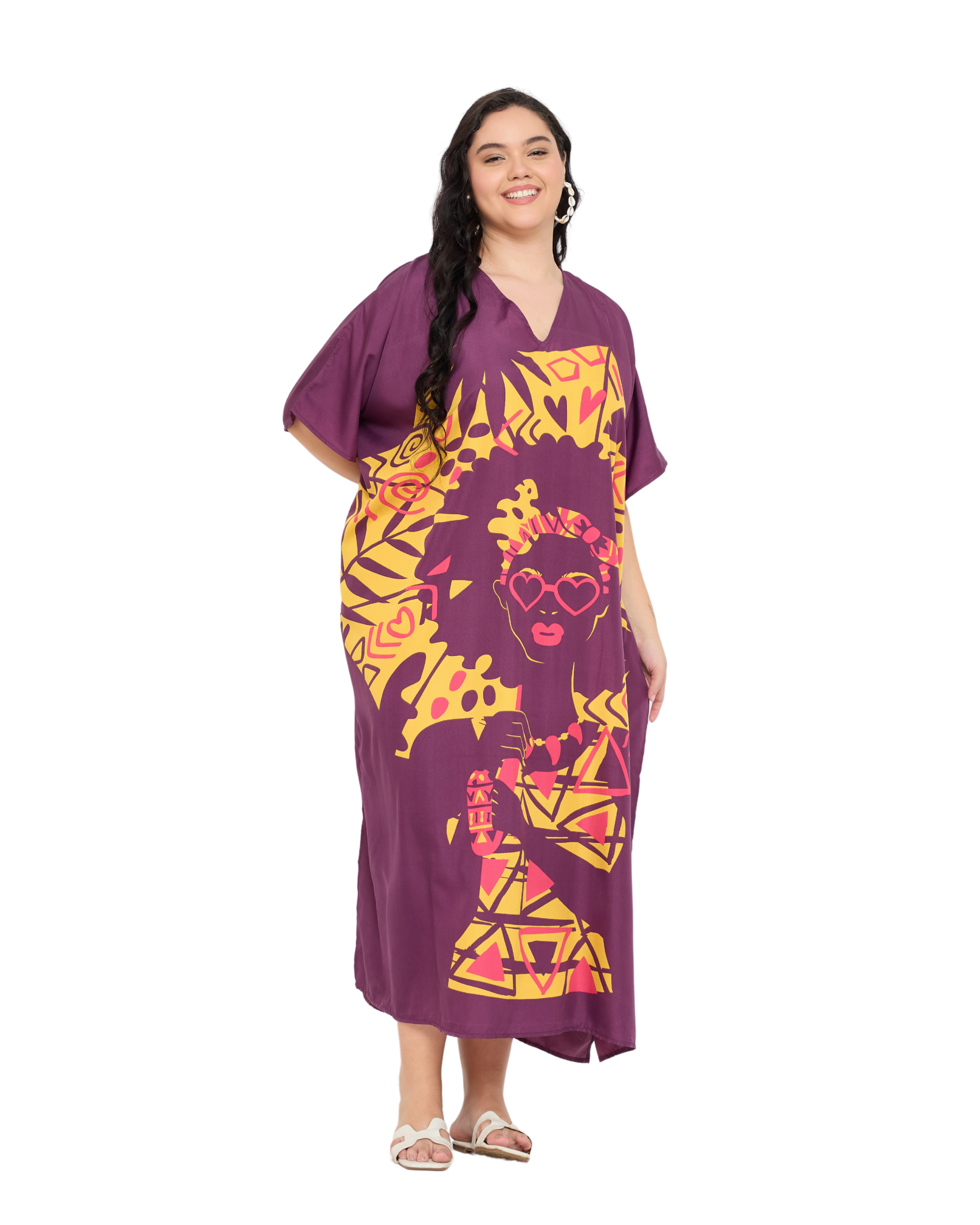 Dark Purple Polyester Women Plus Size Caftan Beach Cover up
