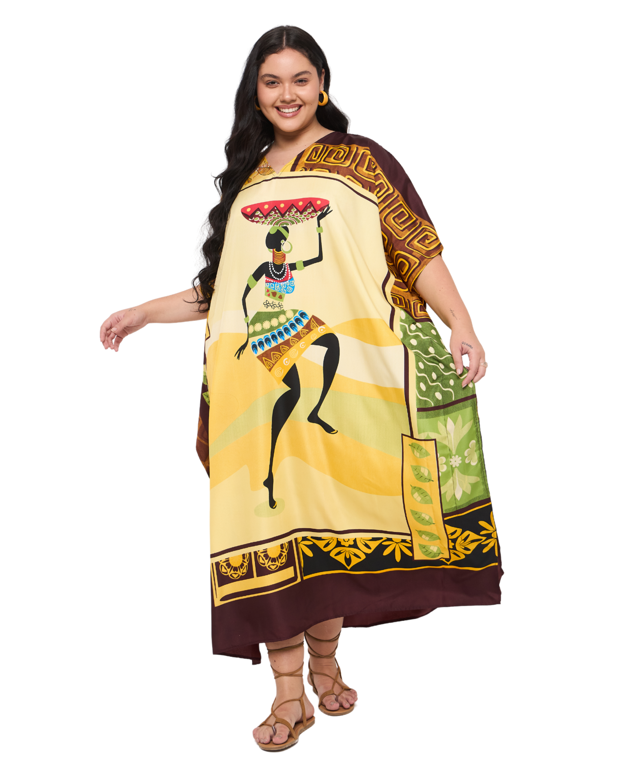 Tribal Cream & Yellow Polyester Plus Size Kaftan Dress