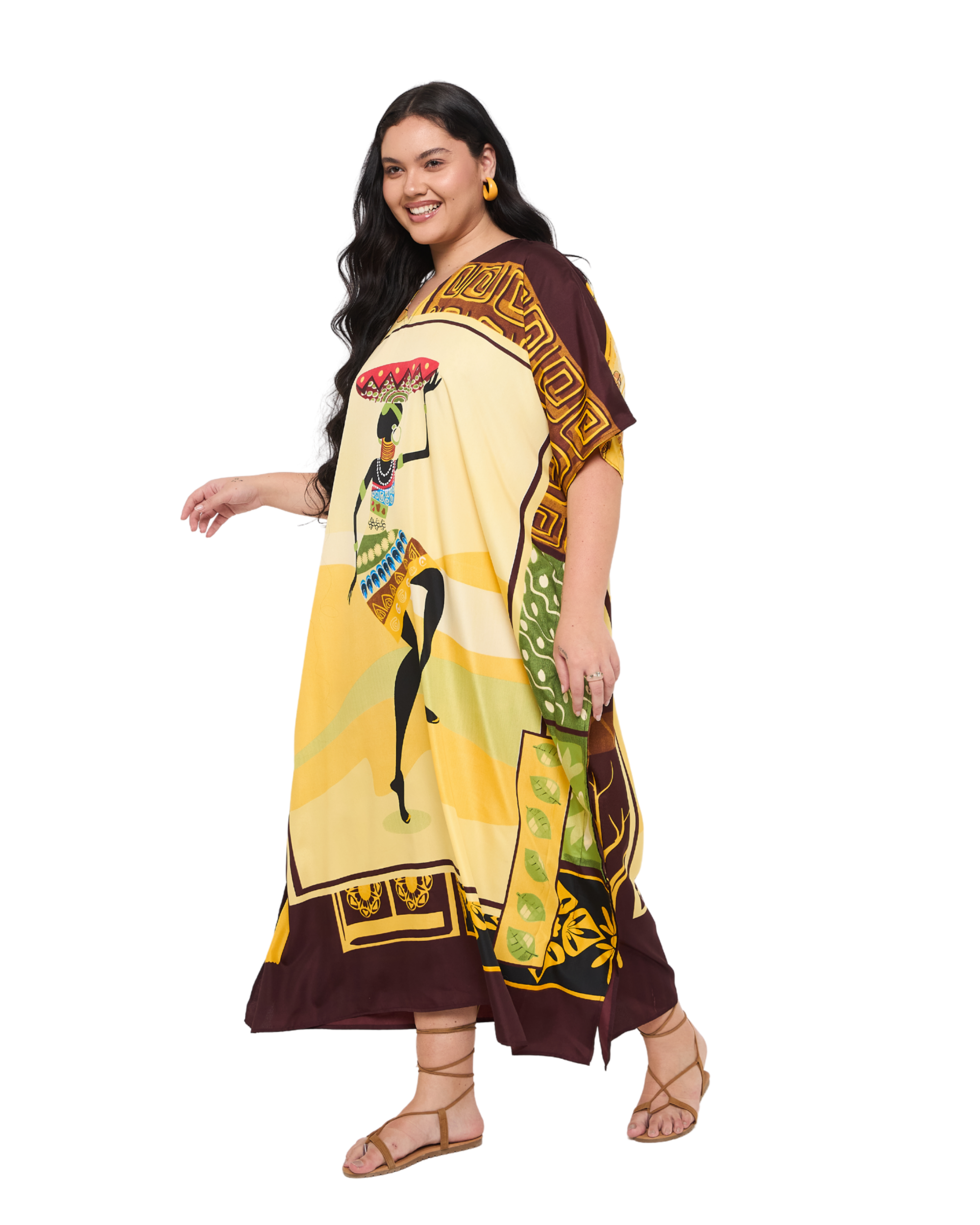 Tribal Cream & Yellow Polyester Plus Size Kaftan Dress