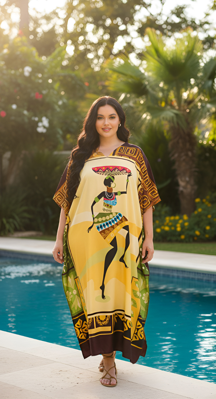 Tribal Polyester Cream & Yellow Polyester Plus Size Kaftan Dress for Women