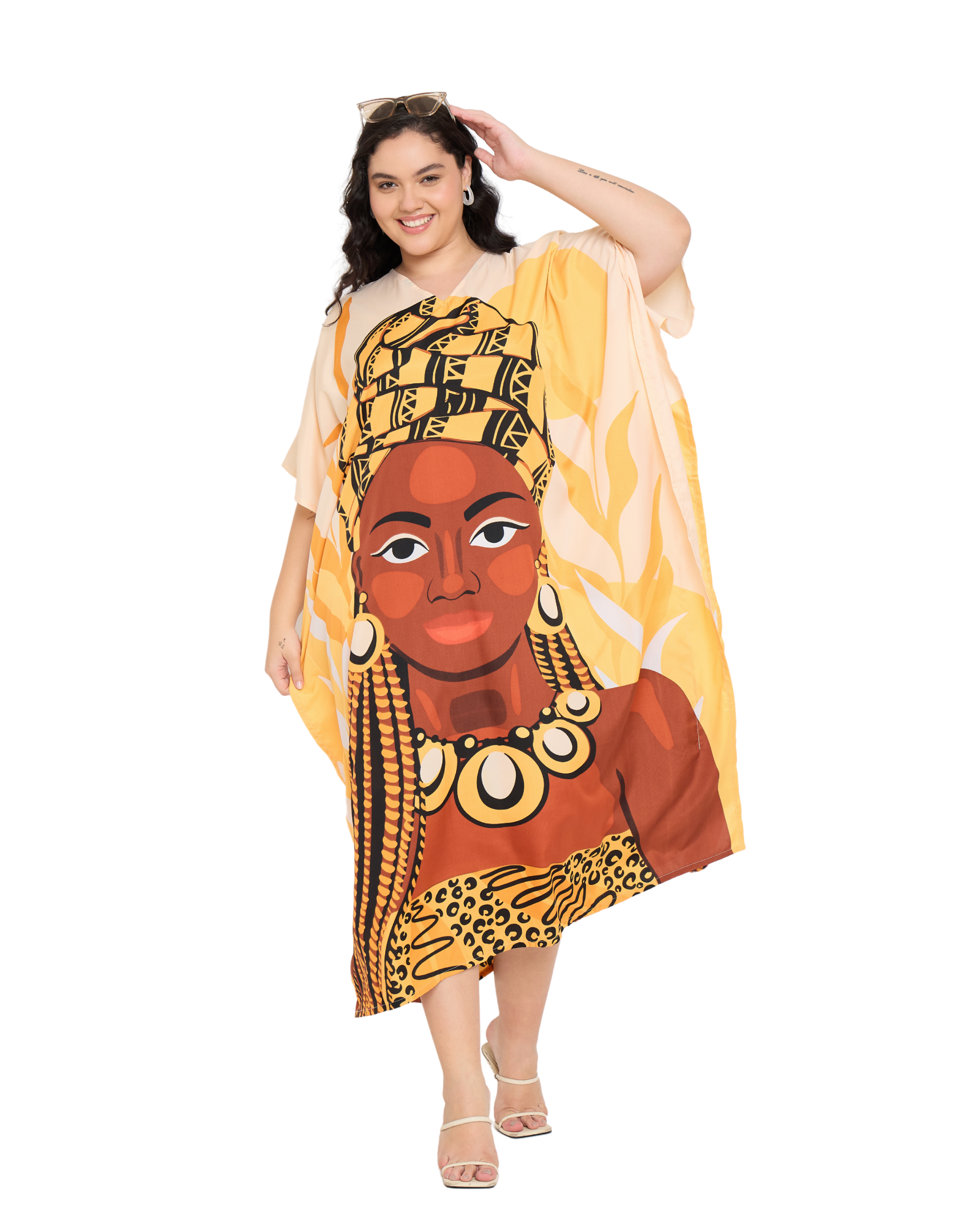 Polyester Yellow Summer Plus Size Tribal Kaftan for Women