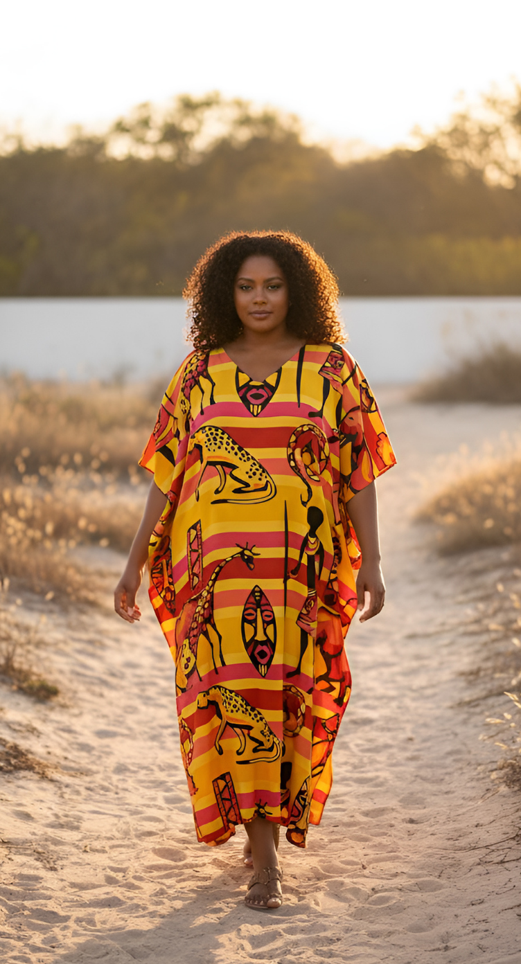Yellow Polyester African Plus Size Caftan Dress for Women