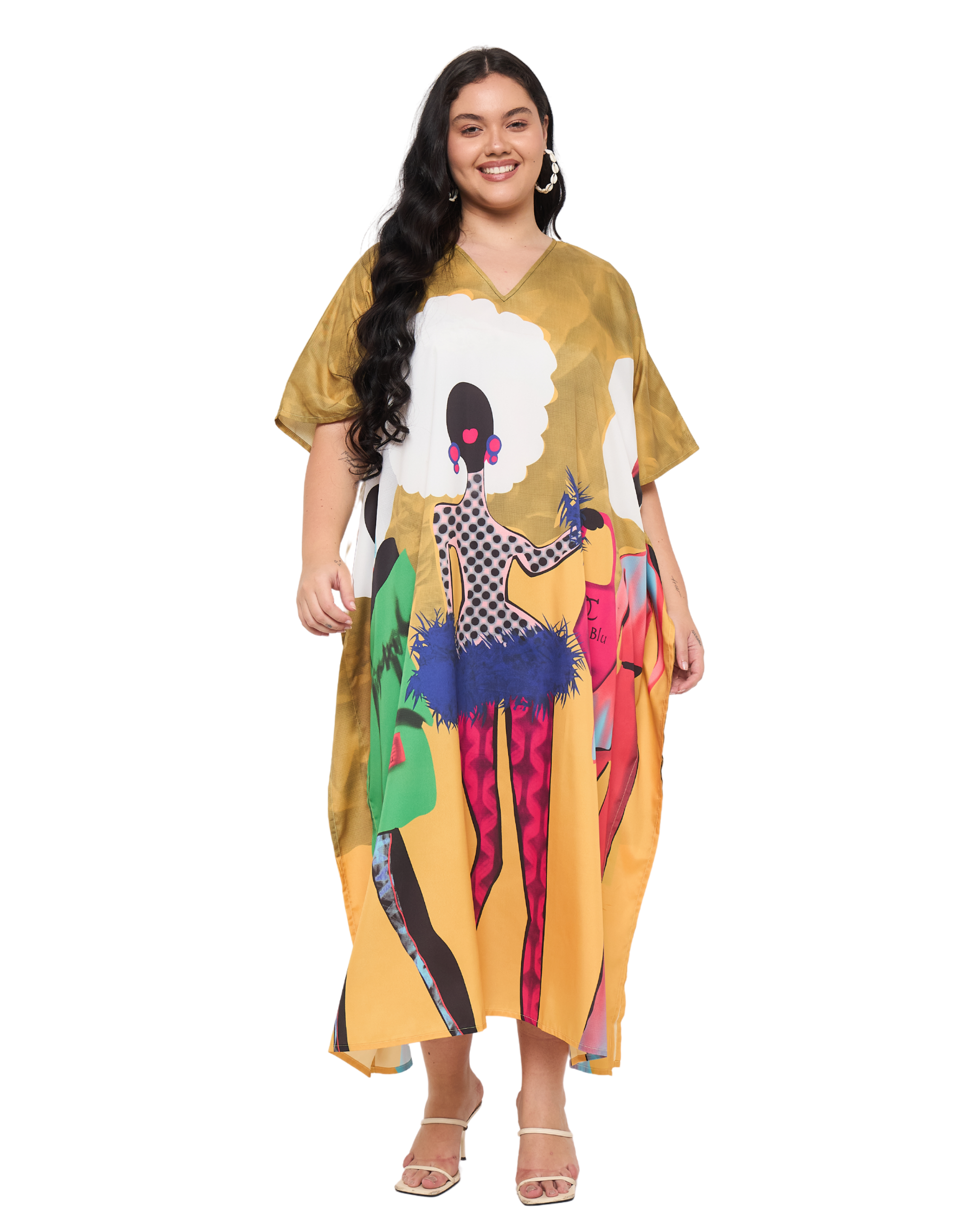 Lady Print Mustard Polyester Women Plus Size Kaftan Dress
