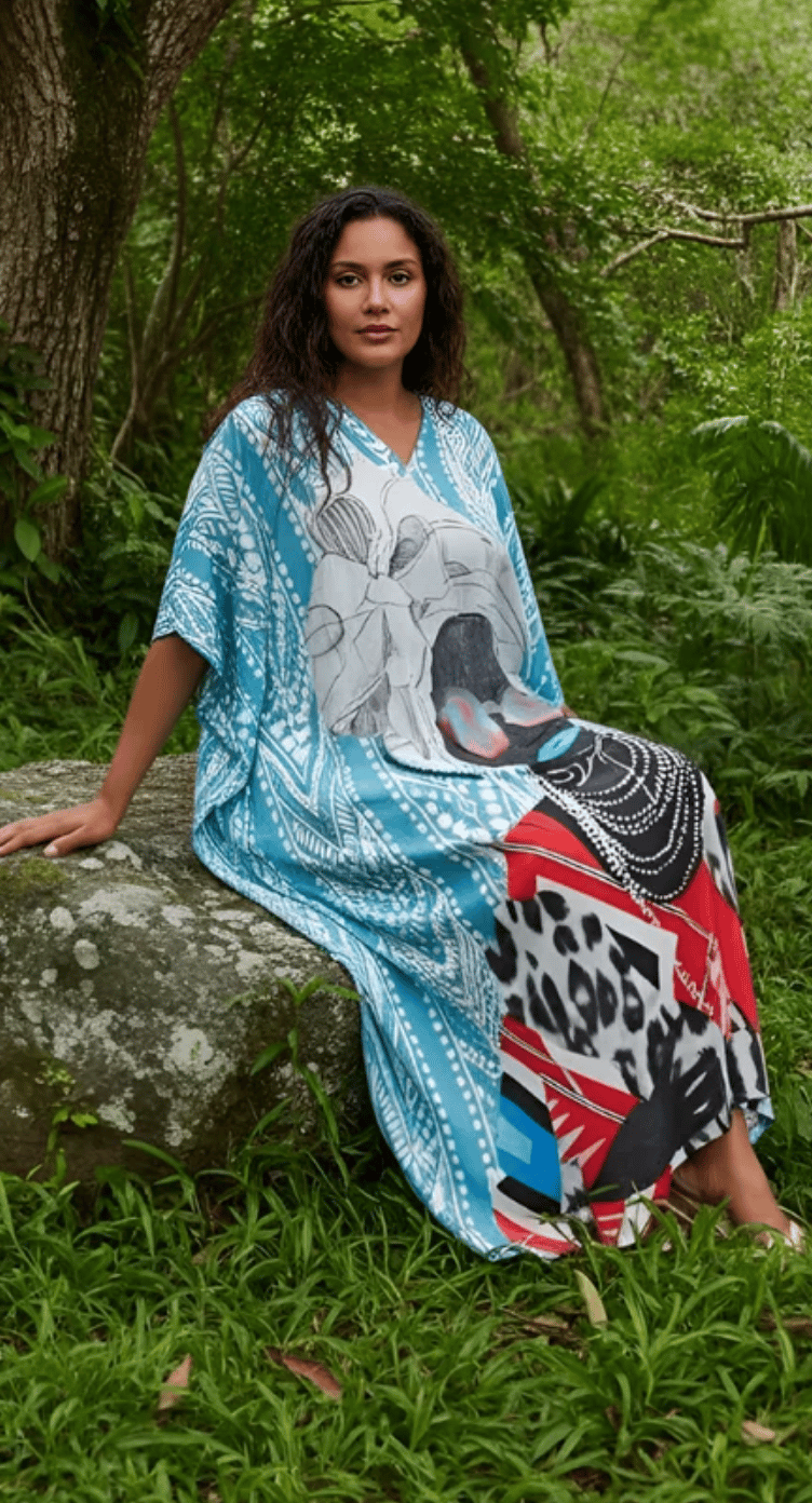 Aqua Blue Patchwork Sketch Polyester Plus Size Kaftan for Women 1X-3X | GypsieBlu