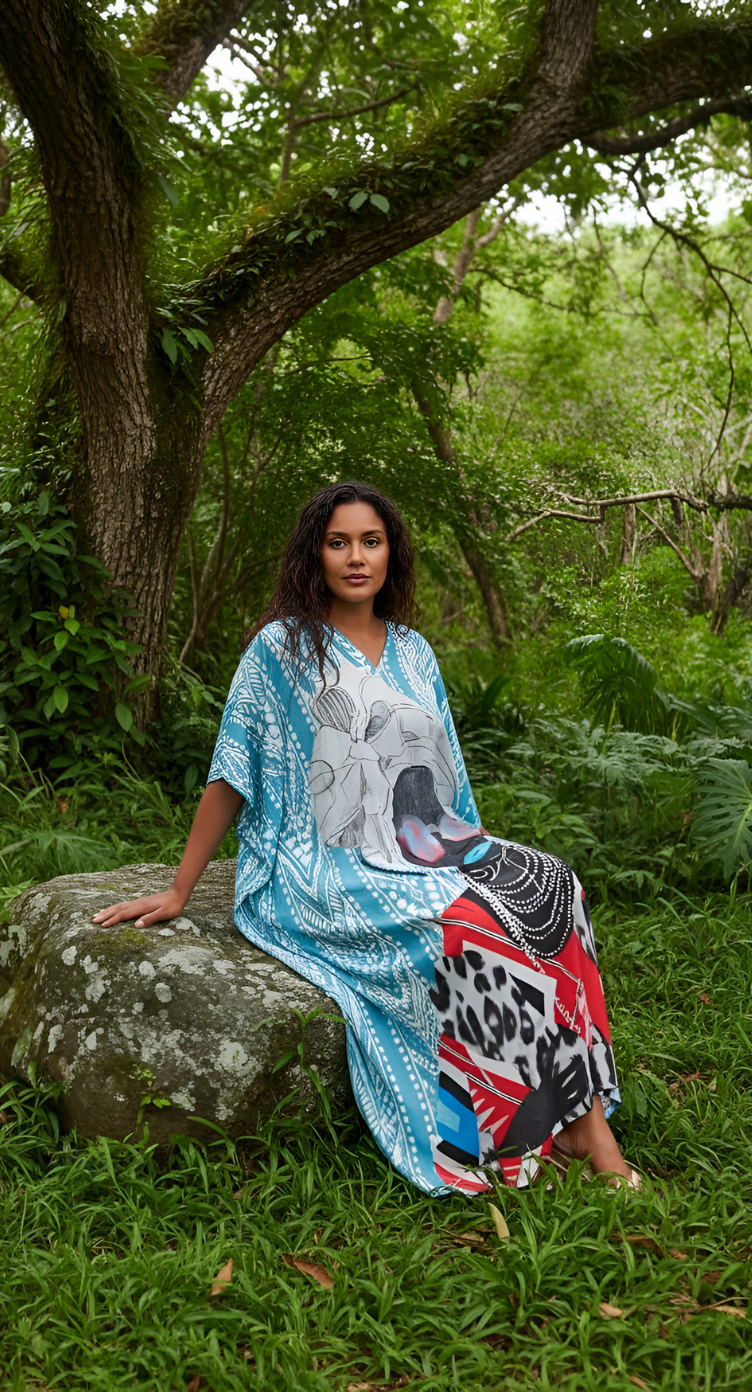 Lady Print Aqua Blue Polyester Women Plus Size Kaftan Dress