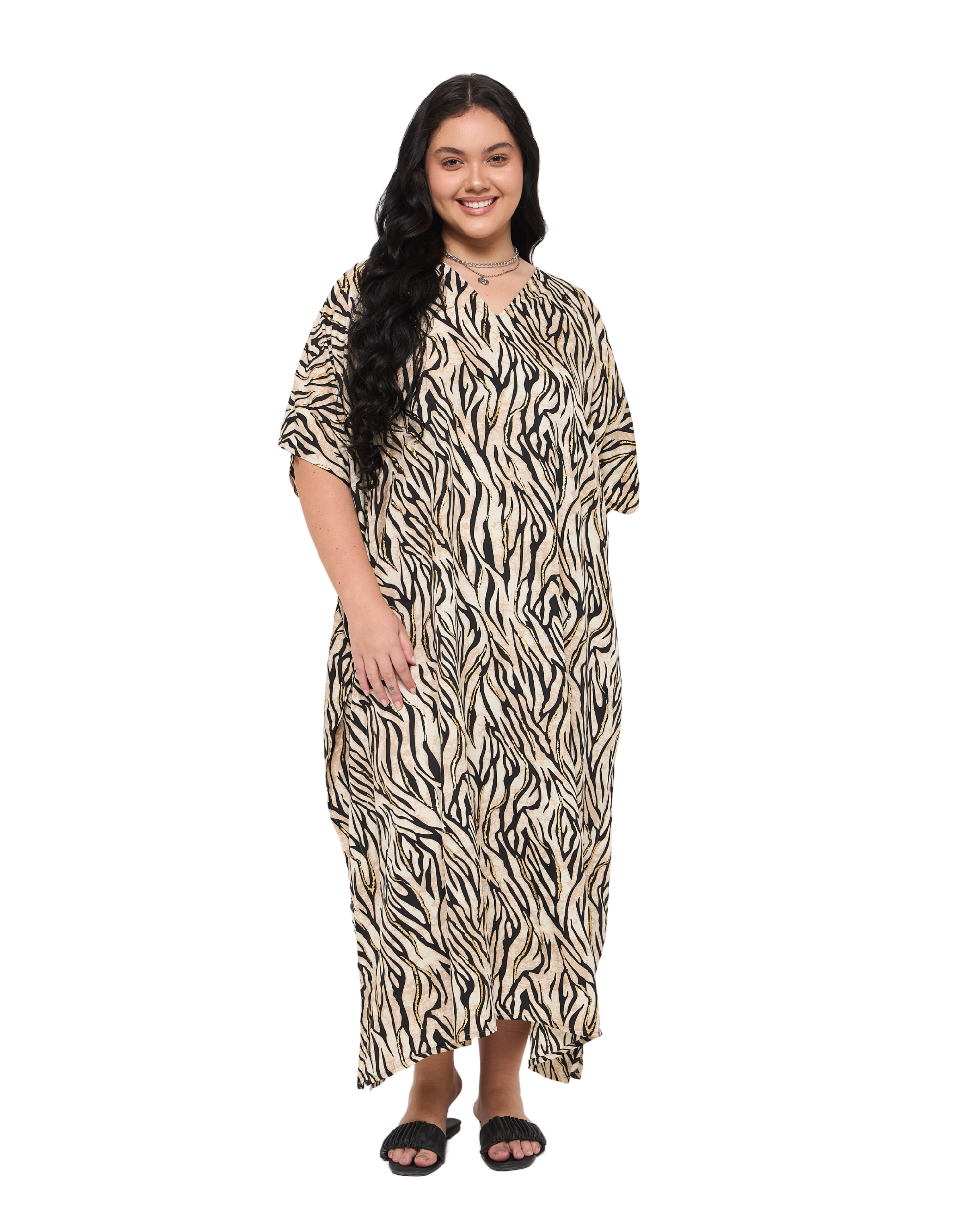 Animal Print Beige Polyester Women Plus Size Kaftan Dress