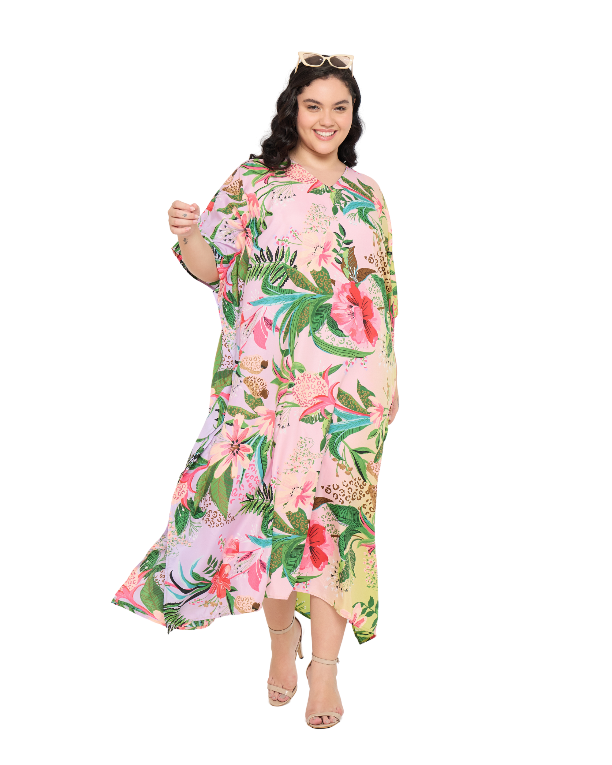 Floral Polyester Light Pink Holiday Kaftan Dress for Women