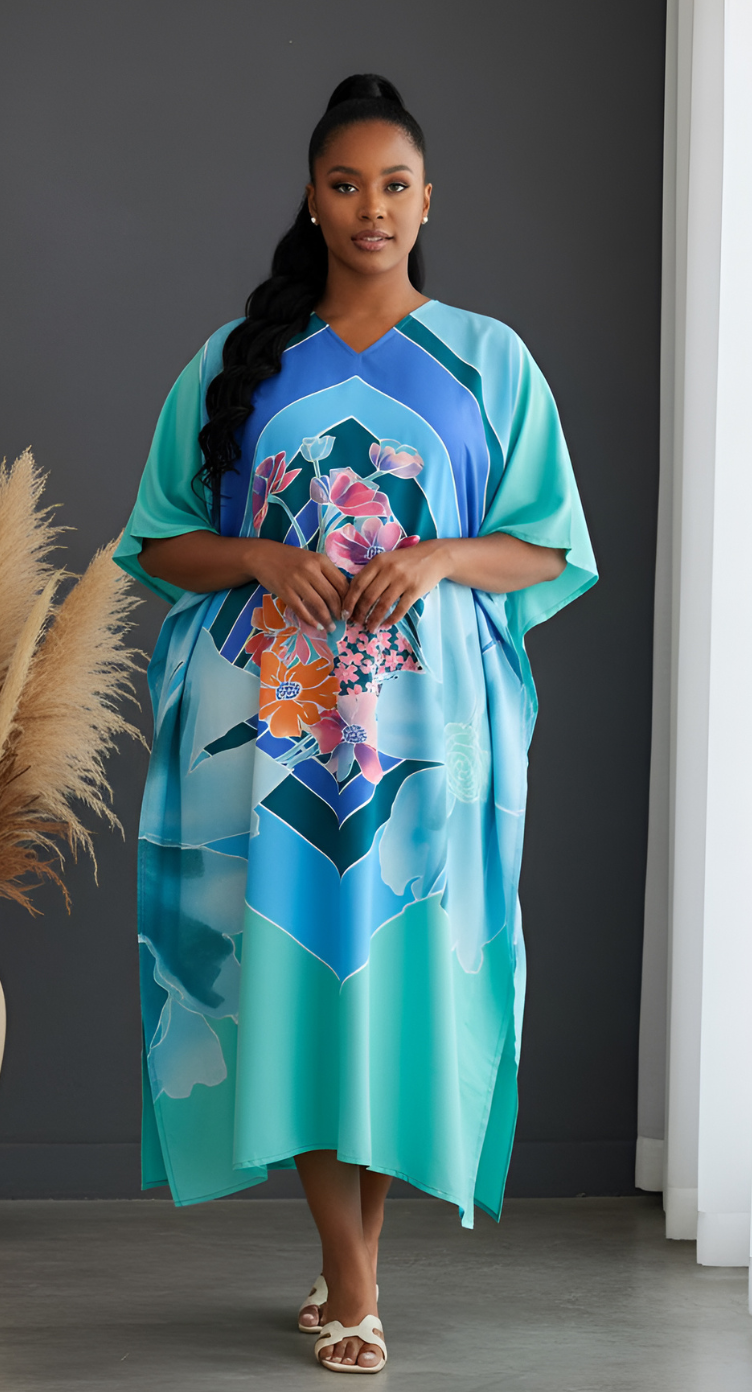 Light Teal Floral Polyester Plus Size Caftan Dress for Women