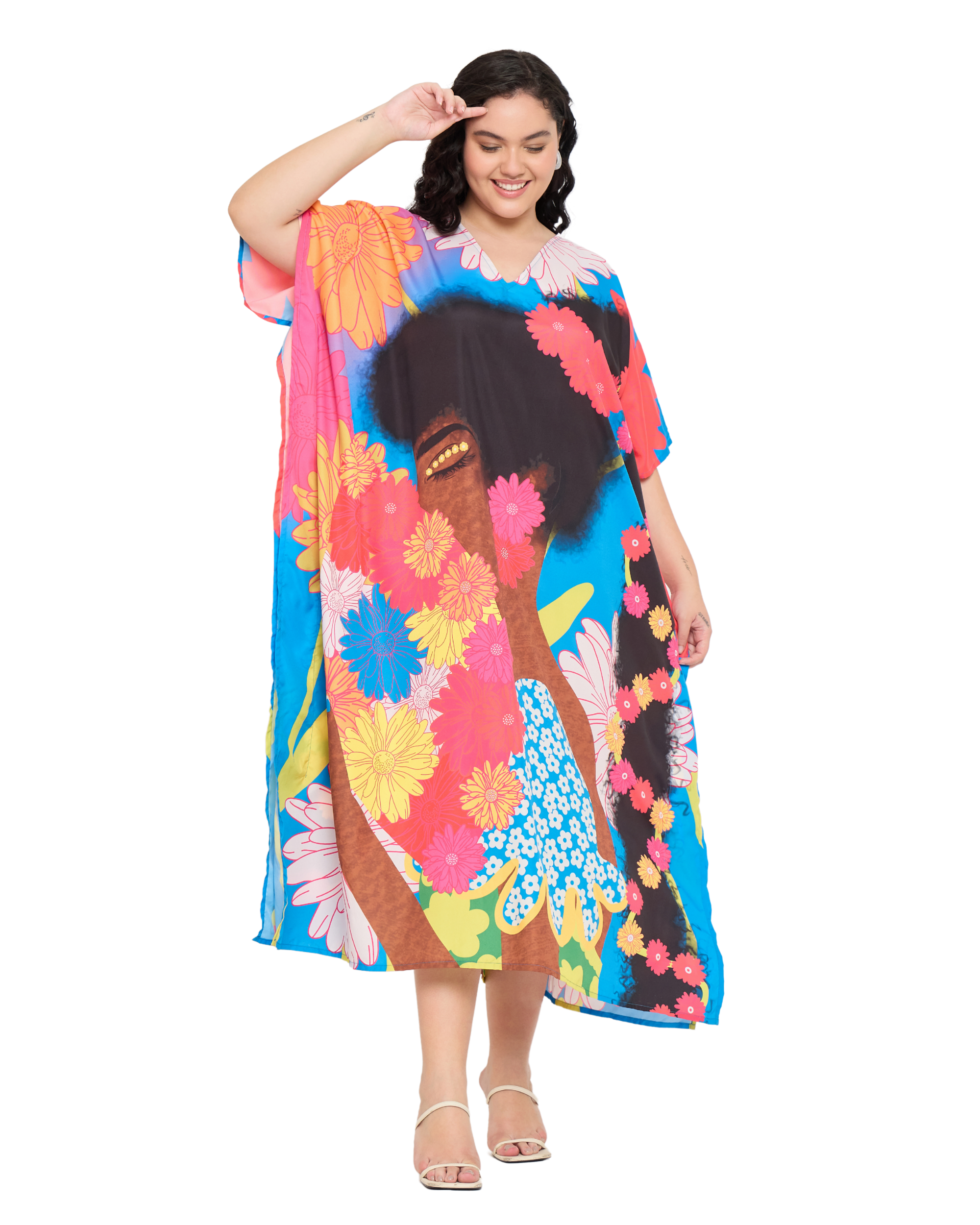 Multicolor Polyester Floral Kaftan Dress for Women