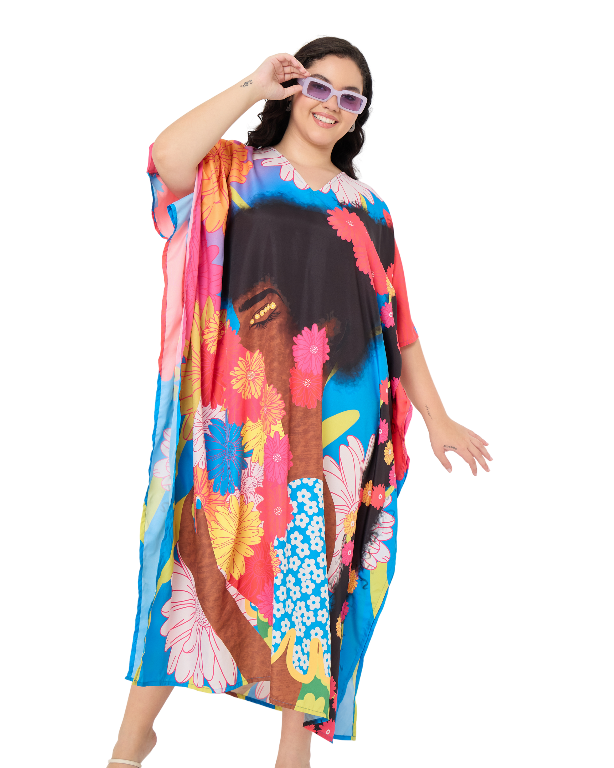 Multicolor Polyester Floral Kaftan Dress for Women