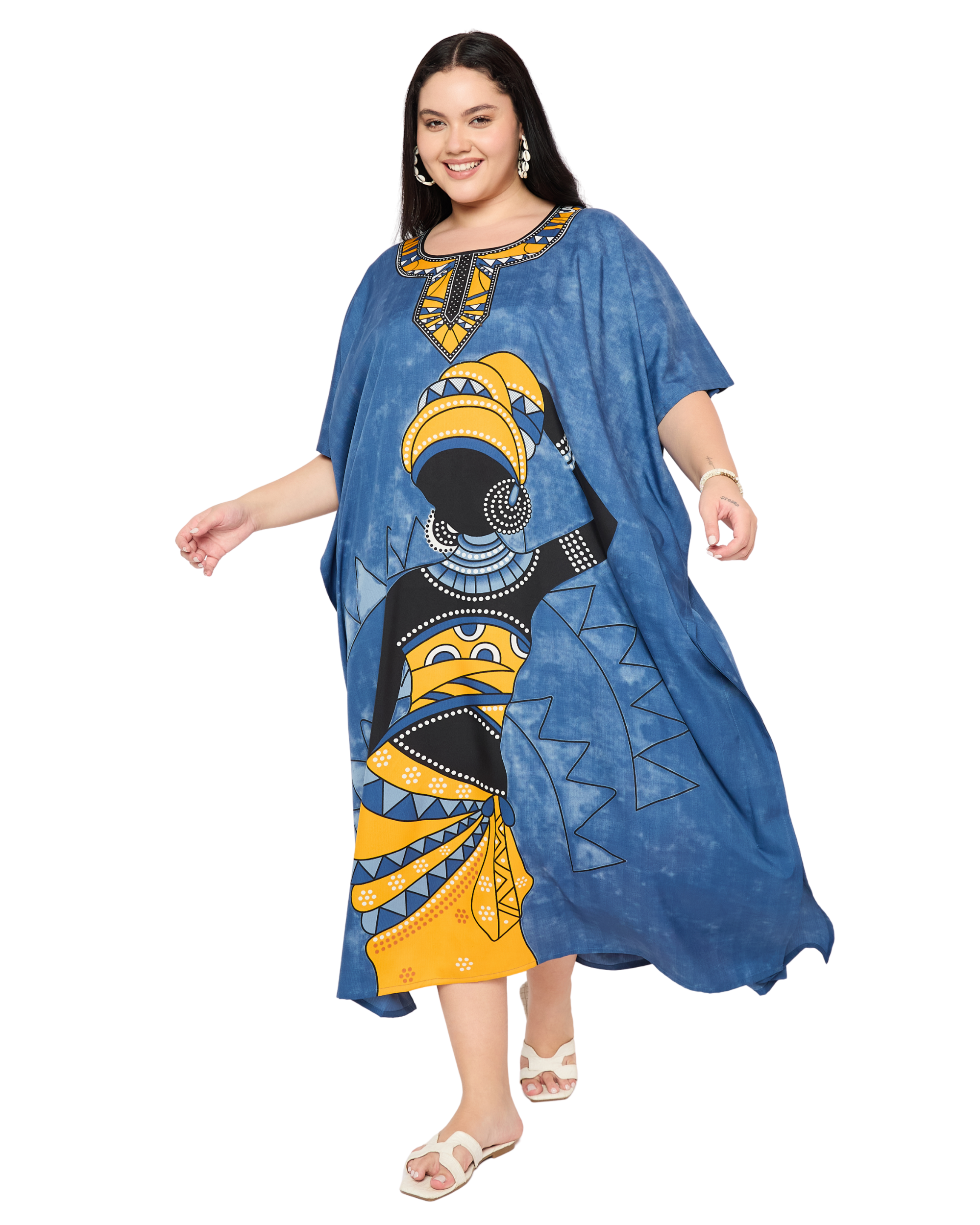 Blue Tribal Polyester Plus Size Kaftan Dress For Women