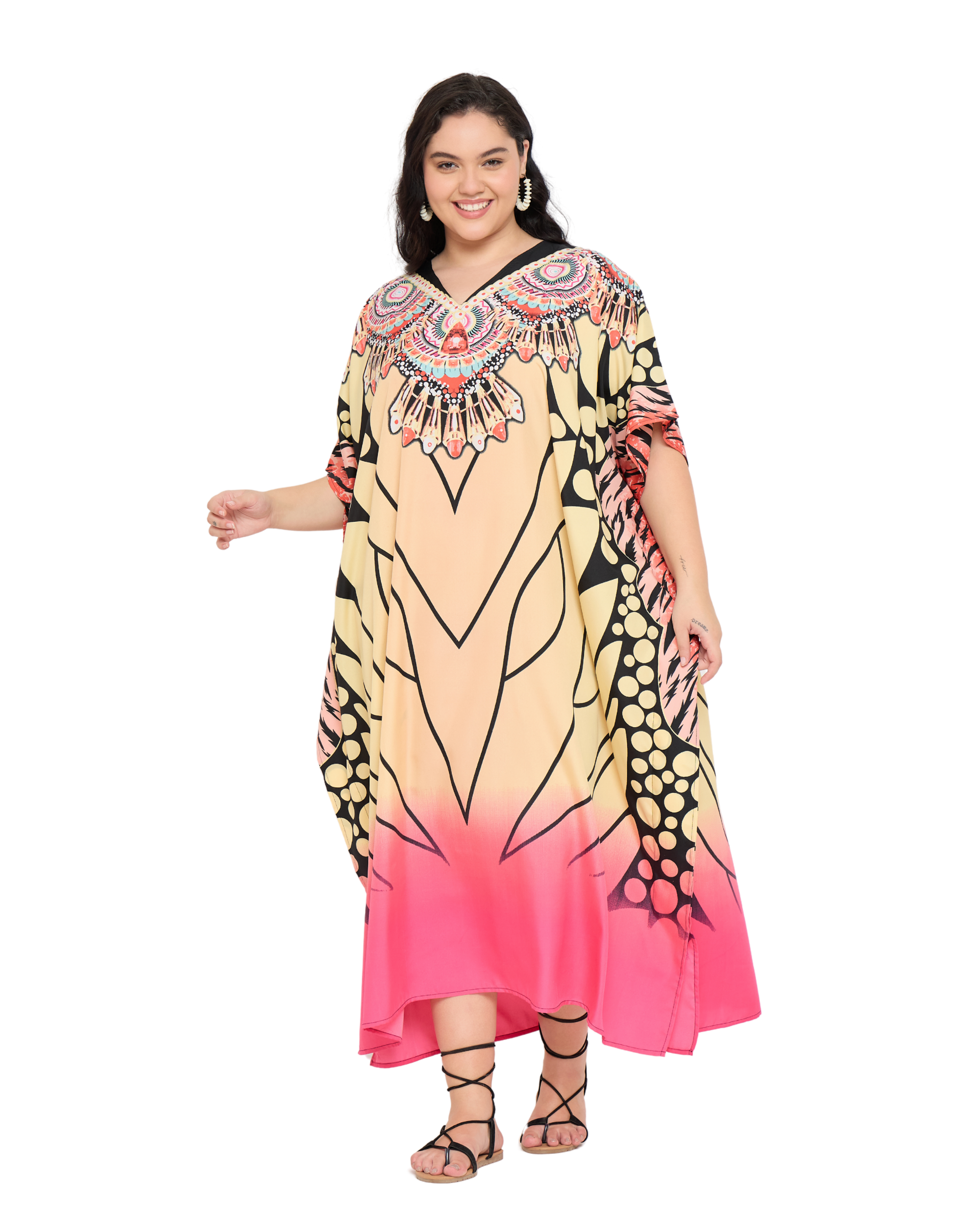 Beige Tribal Polyester Women Plus Size Kaftan Dress For Beach