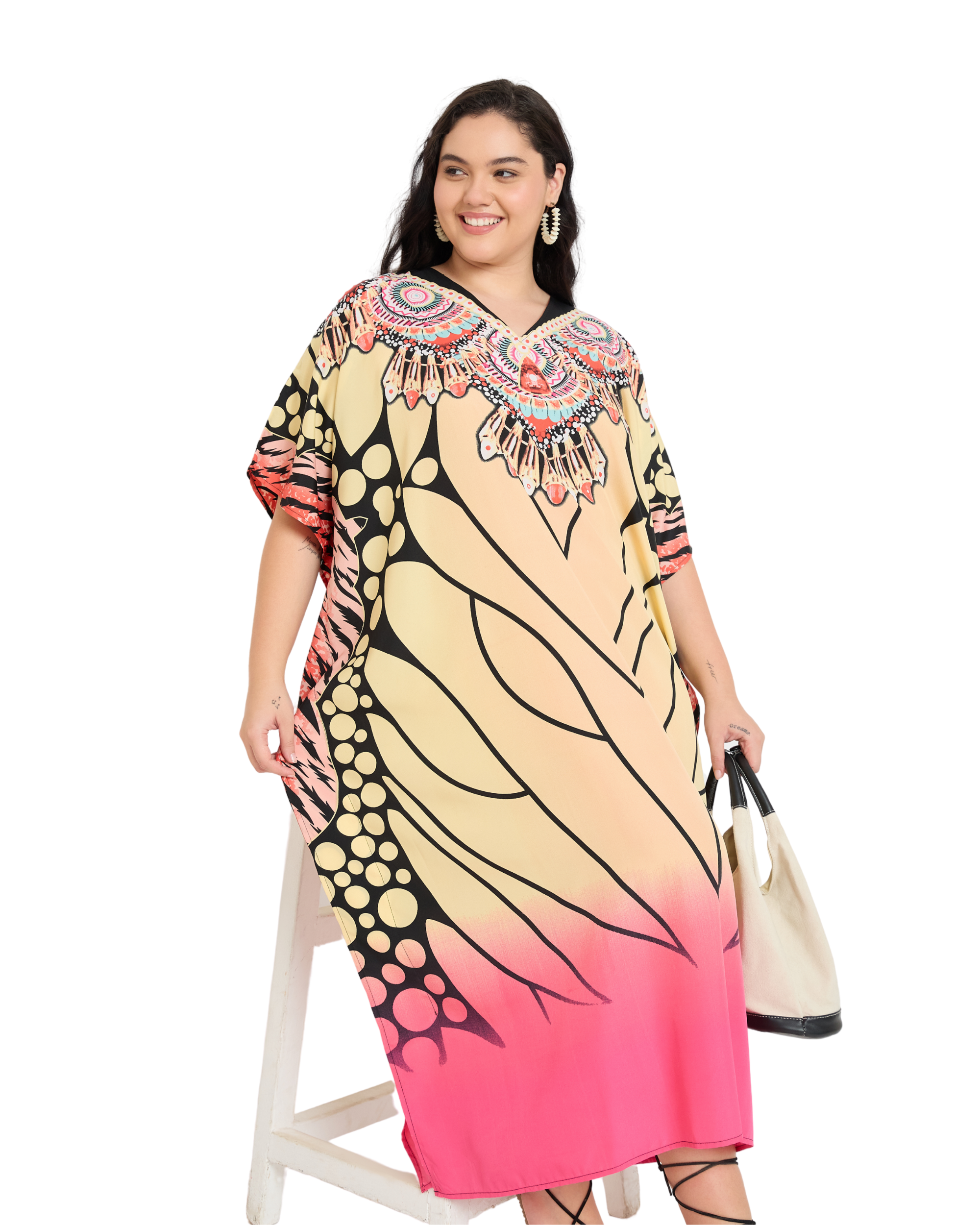 Beige Tribal Polyester Women Plus Size Kaftan Dress For Beach