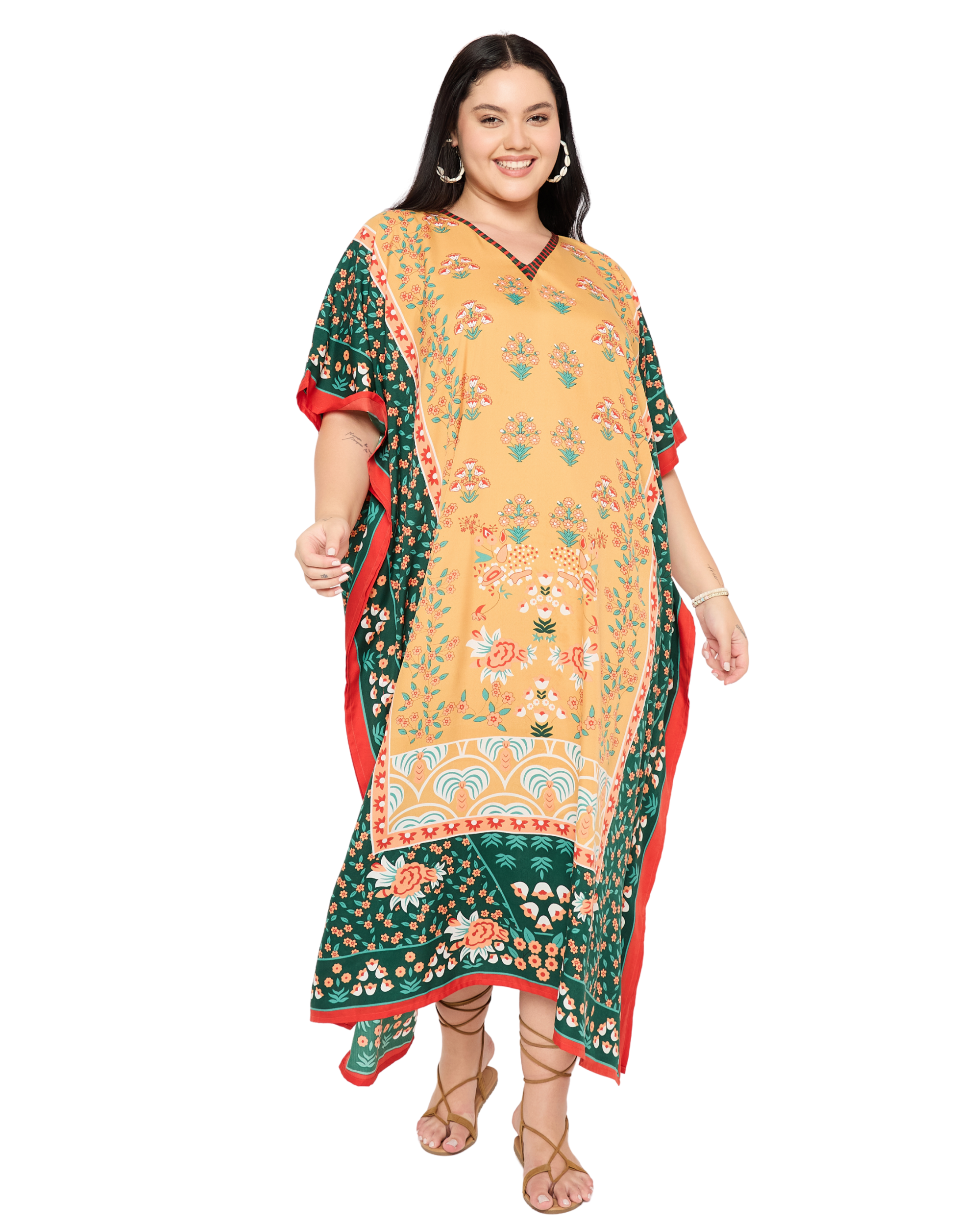 Mustered Yellow Floral Women Plus Size Caftan Dress Beach Cover Up