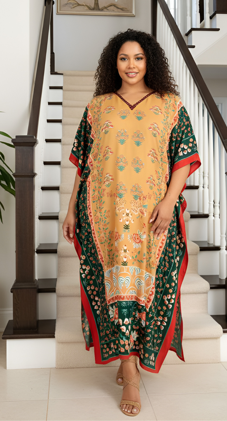 Mustered Yellow Floral Women Plus Size Caftan Dress Beach Cover Up