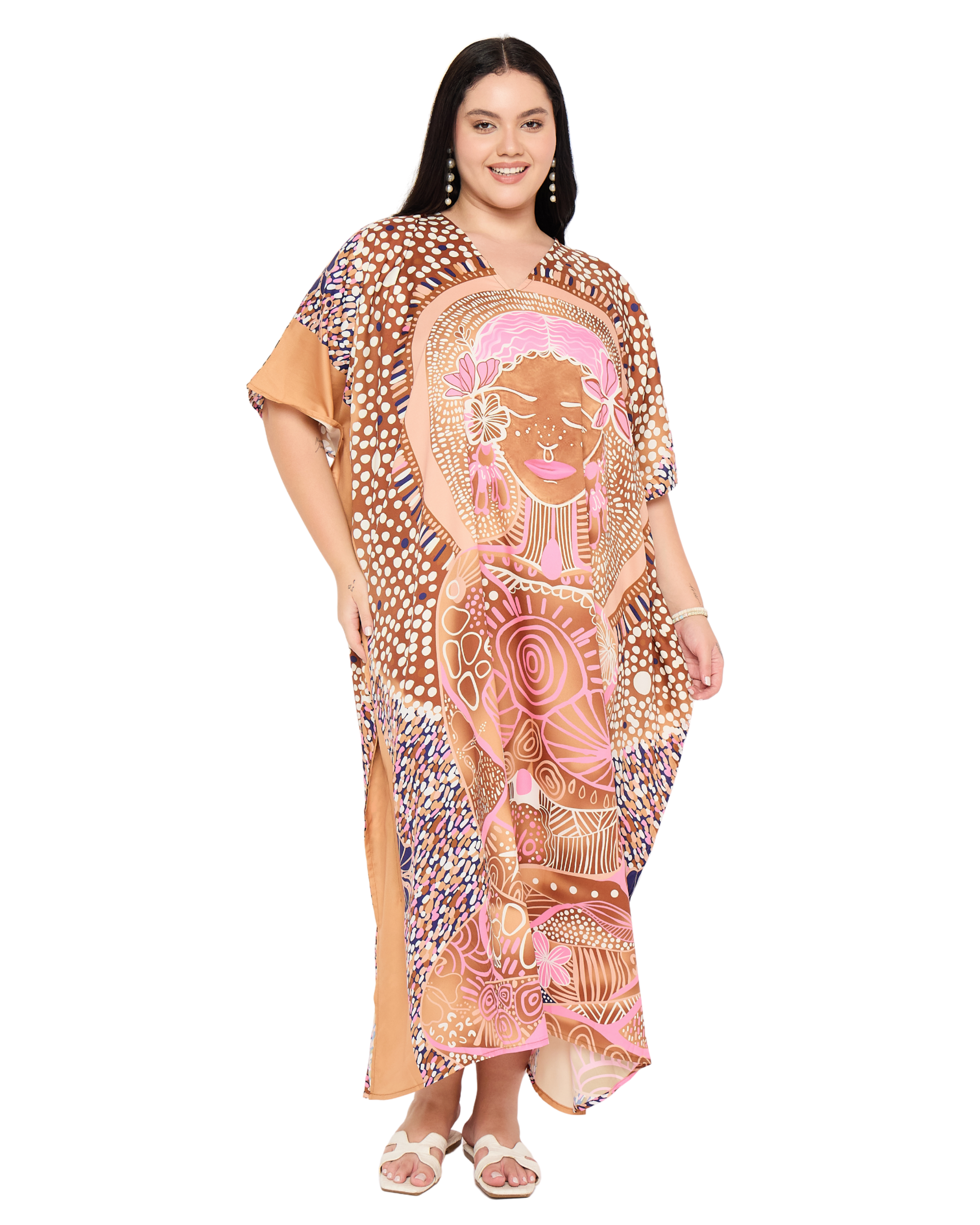 Light Brown Lady Face Polyester Women Plus Size Loungewear Kaftan Dress