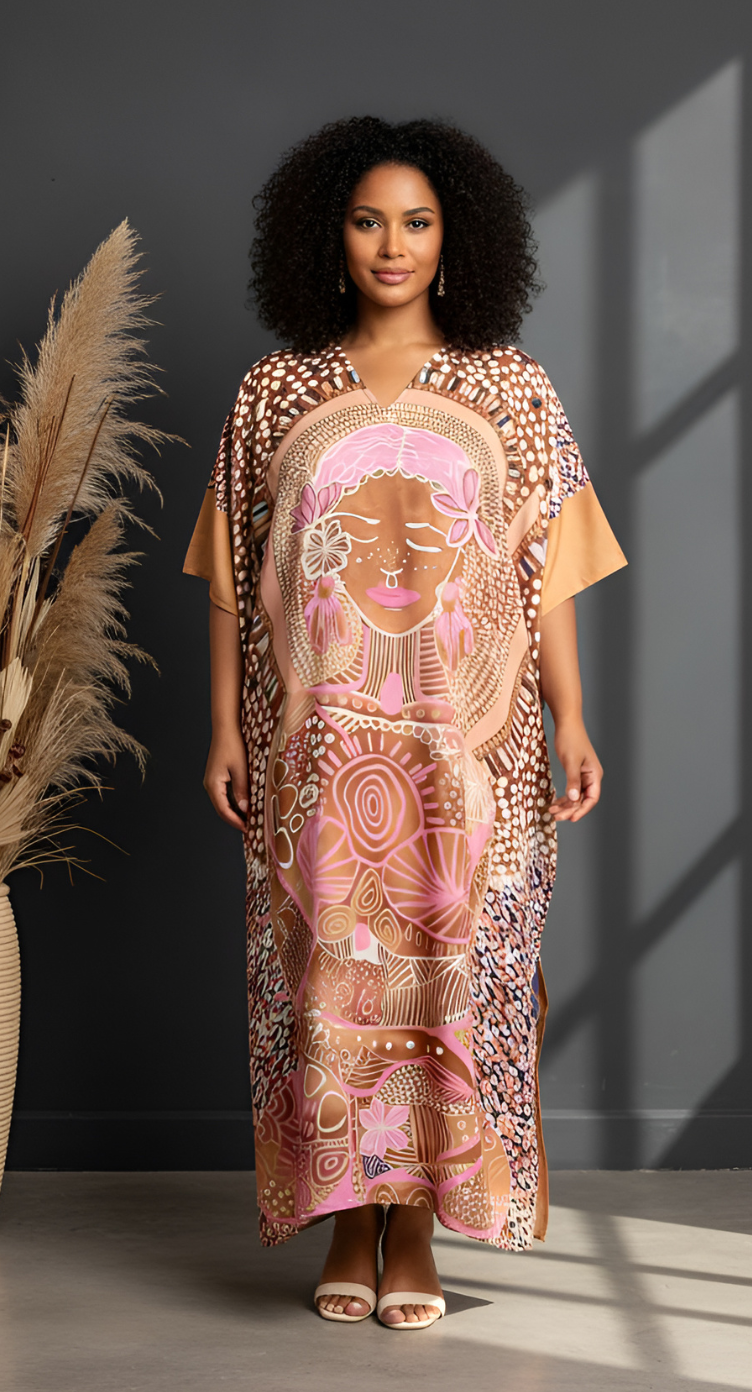 Light Brown Lady Face Polyester Women Plus Size Loungewear Kaftan Dress