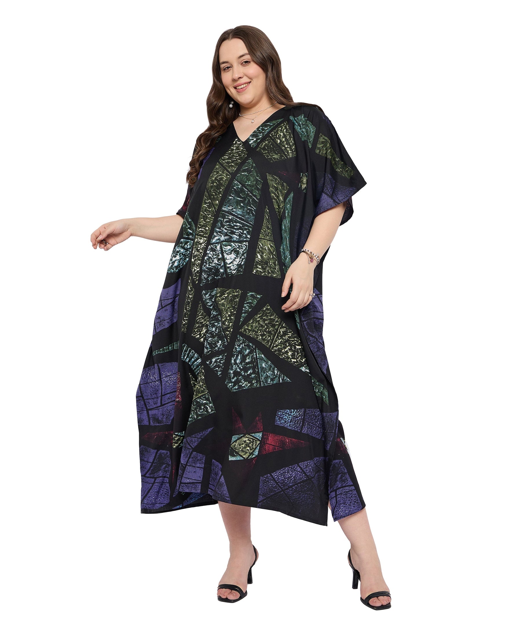 Abstract Multicolour Women Plus Size Loungewear Kaftan for Home