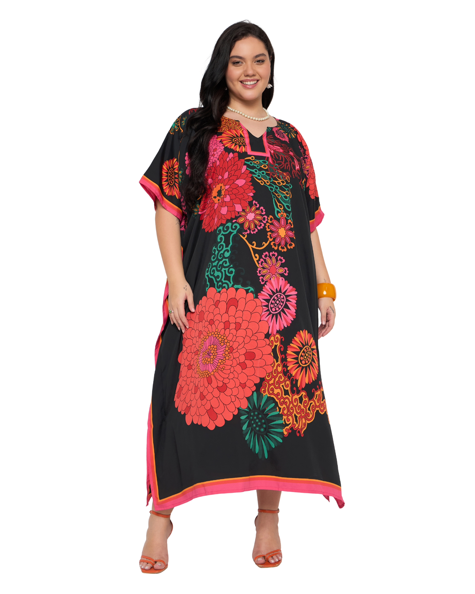 Black Floral Polyester Plus Size Kaftan Dress for Women