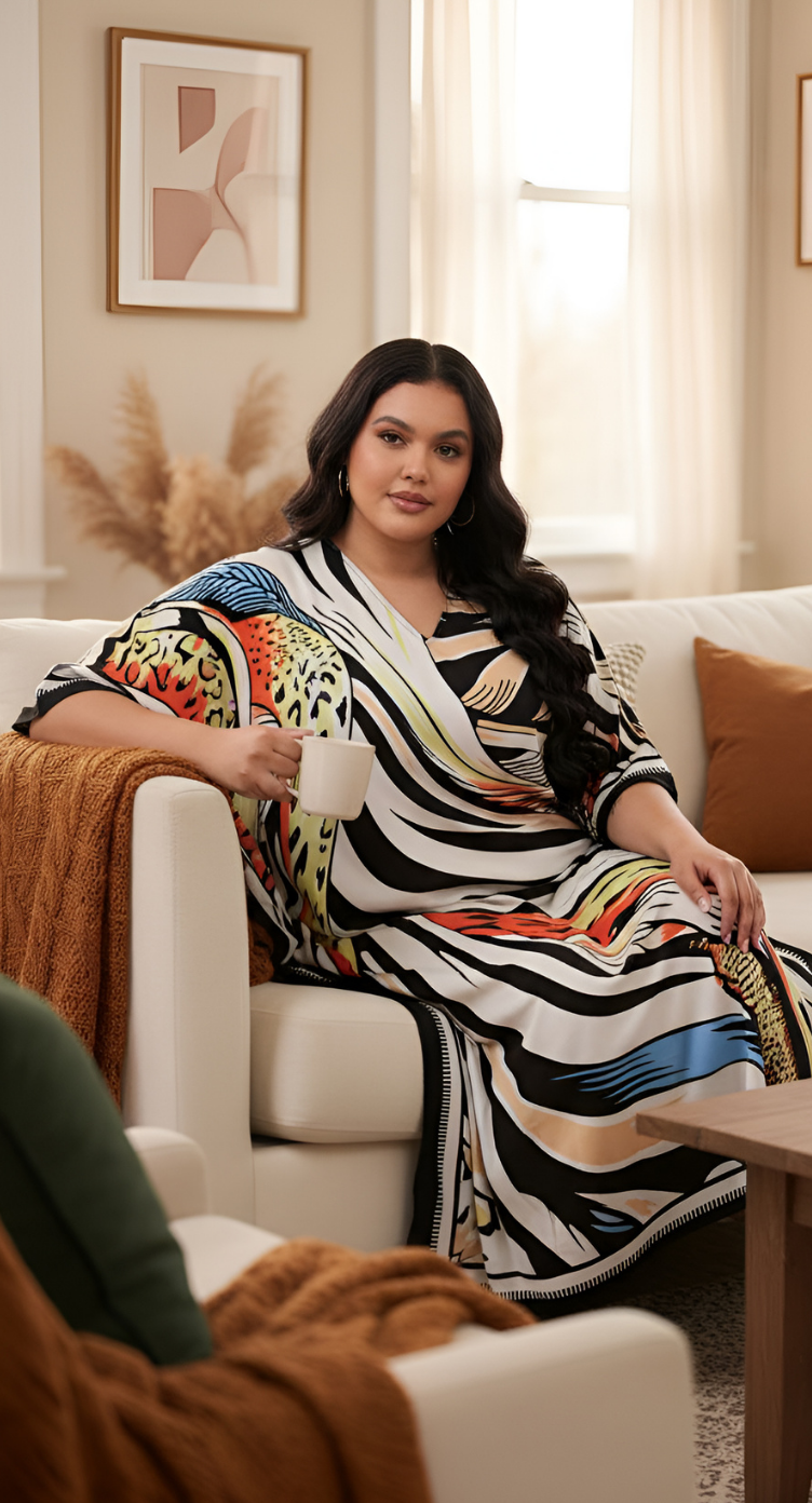 Zebra Striped White Polyester  Plus Size Kaftan Dress for Ladies