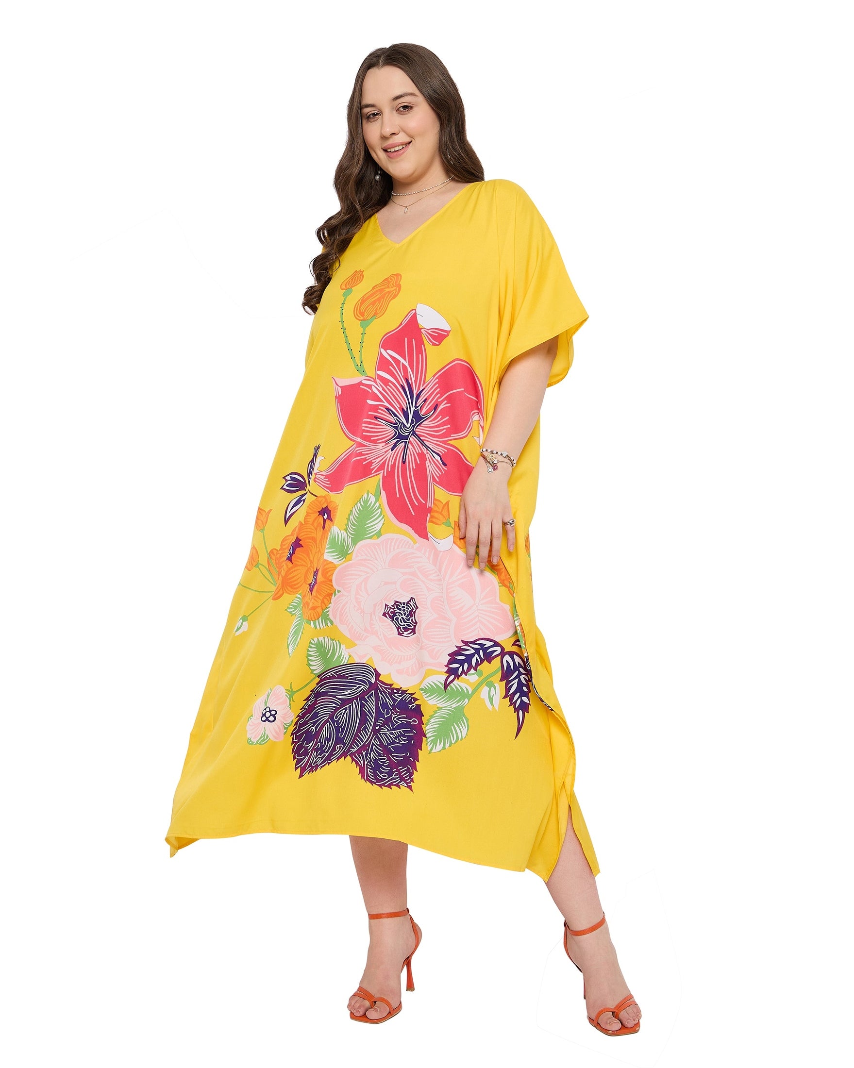 Yellow Floral Women Plus Size kaftan Dress for Beach Pool Side Party