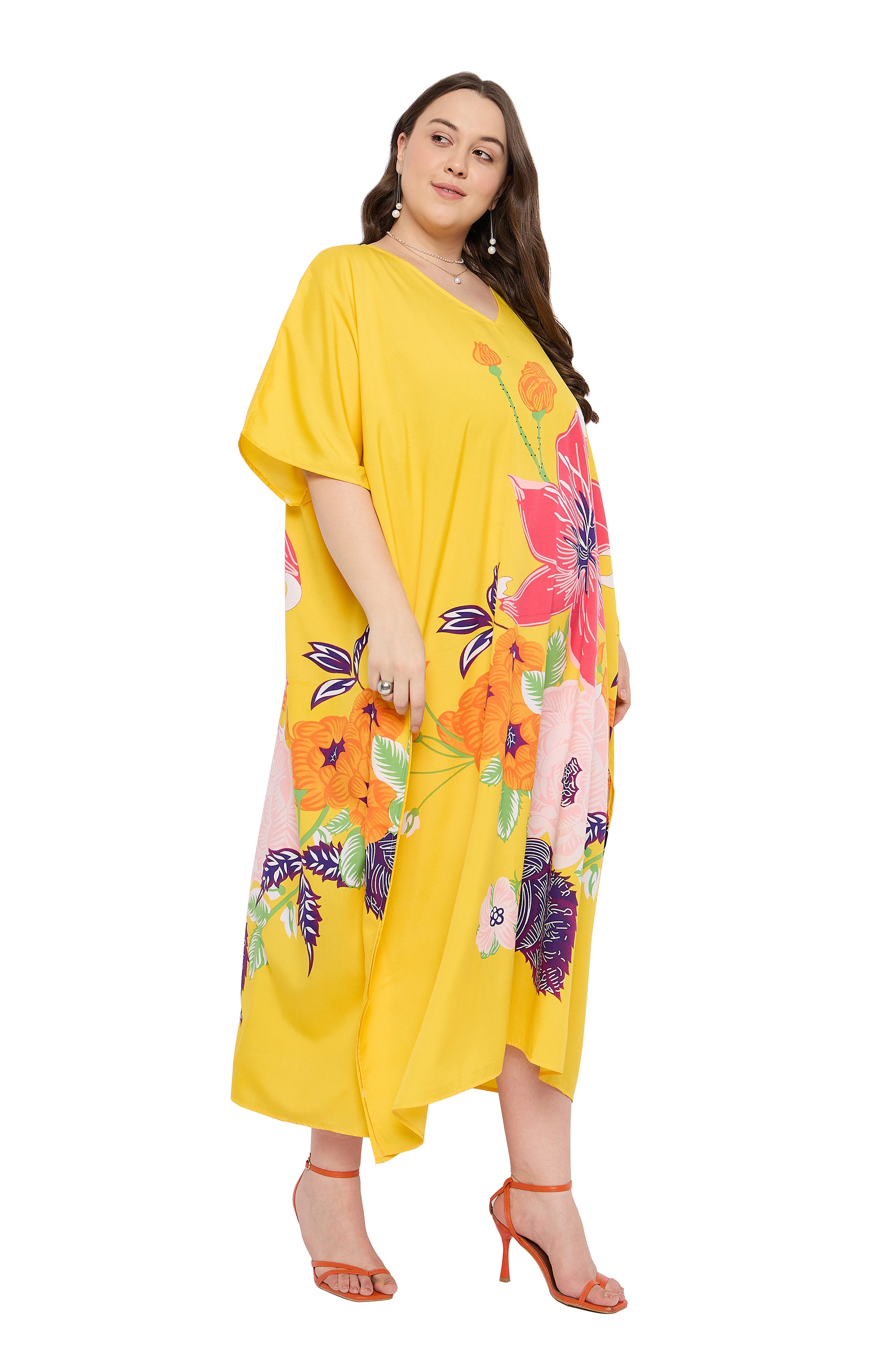 Yellow Floral Women Plus Size kaftan Dress for Beach Pool Side Party