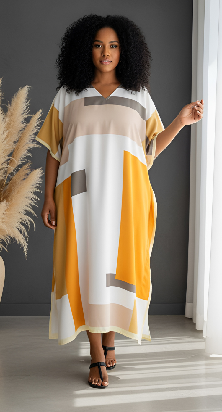Multicolour Polyester Women Plus Size Long Kaftan Dress