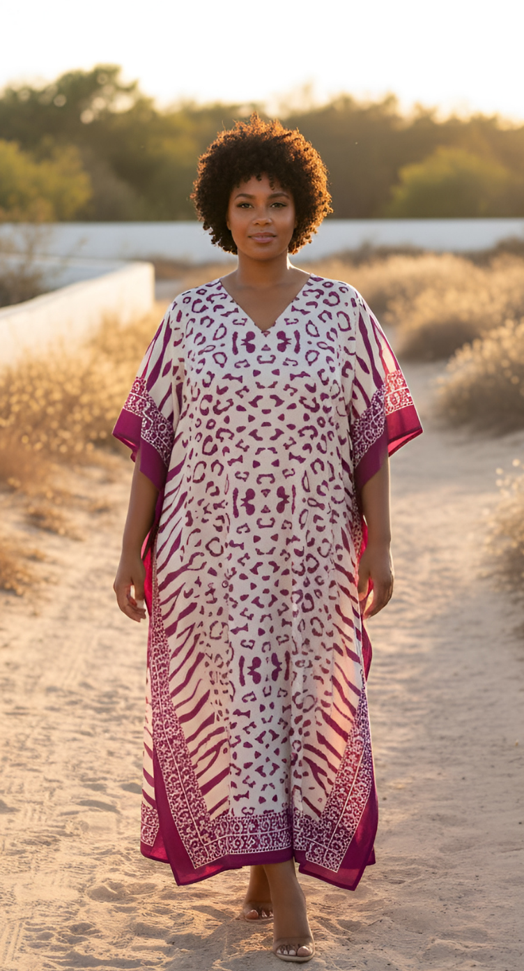 Leopard Print Off-White  Polyester Women Plus Size Beach Kaftan Dress