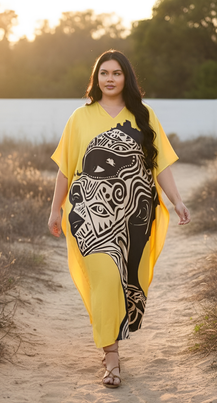 Tribal Yellow Polyester Women Plus Size House Kaftan Dress