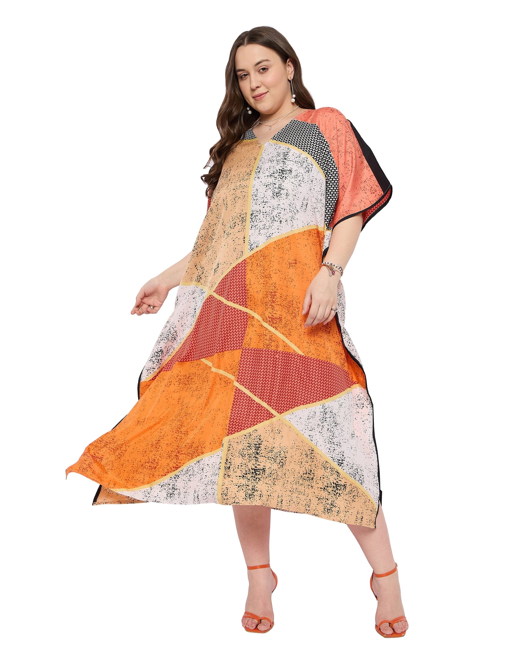 Orange Polyester Plus Size Loungewear Caftan Dress for ladies