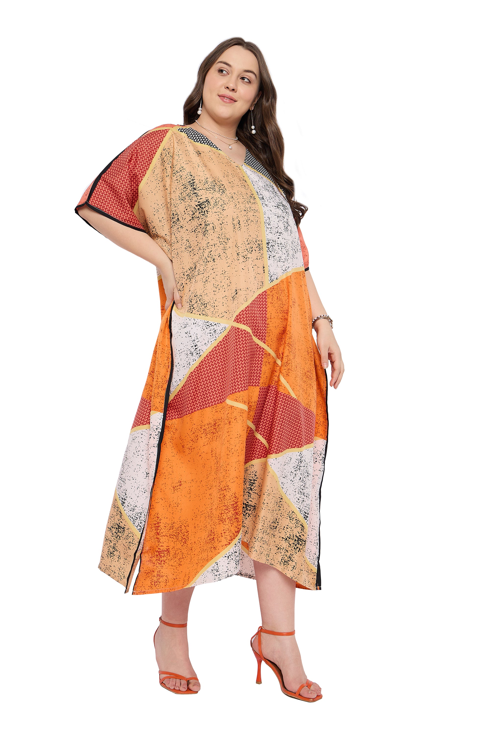 Orange Polyester Plus Size Loungewear Caftan Dress for ladies