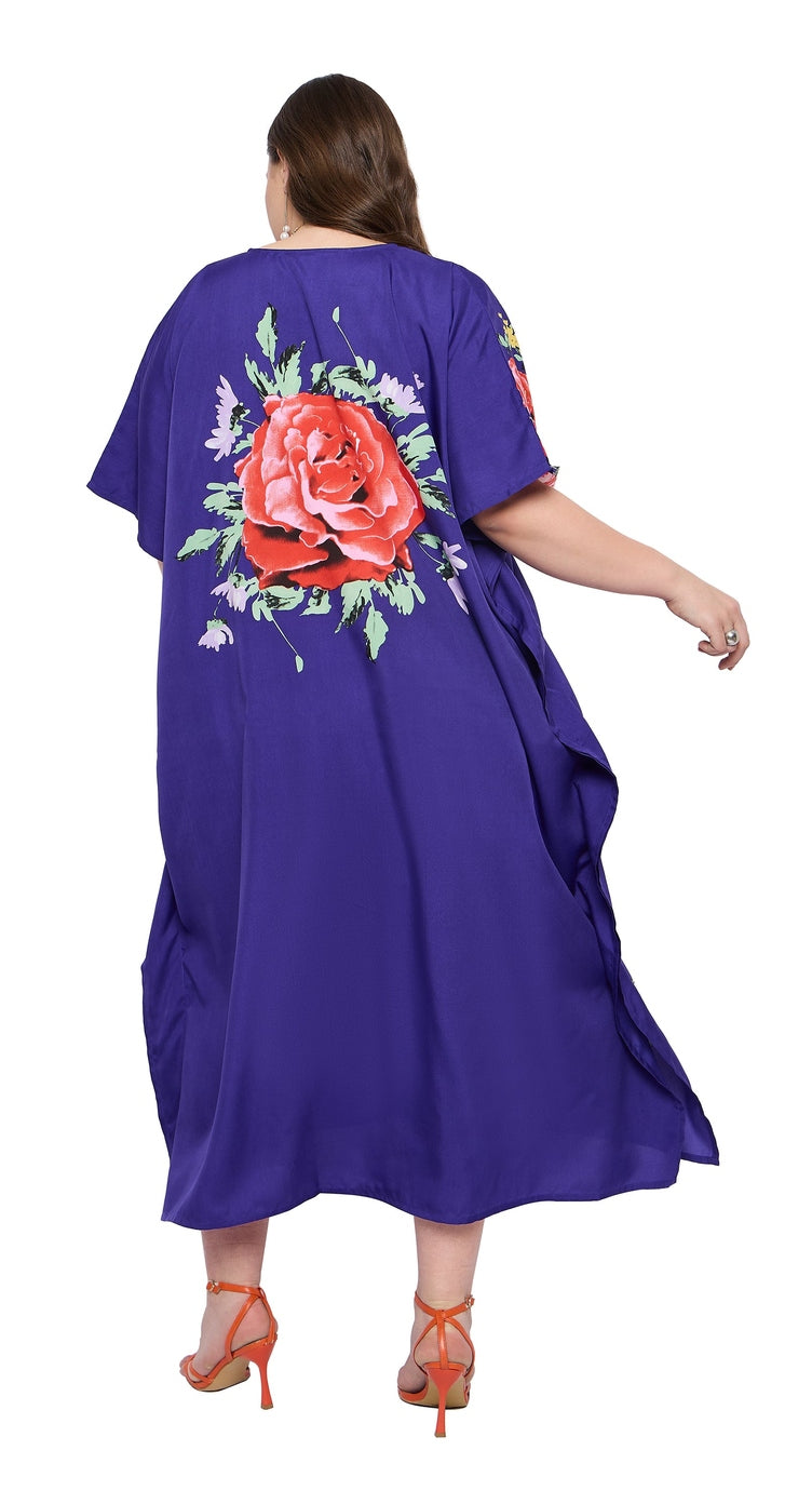 Navy Blue Floral Polyester Women Plus Size Kaftan Loungewear Dress - SKU SG152-9111 - Gypsie Blu