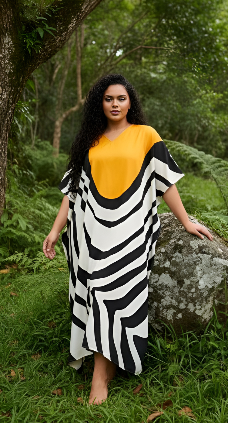 Striped White Polyester Women Plus Size Kaftan Dress for Resort