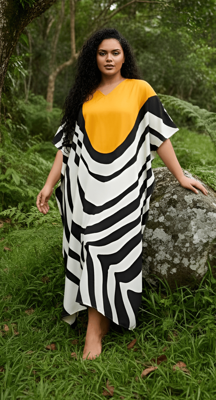 Yellow, black and white colorblock plus size kaftan with zebra stripe panel and kimono sleeves