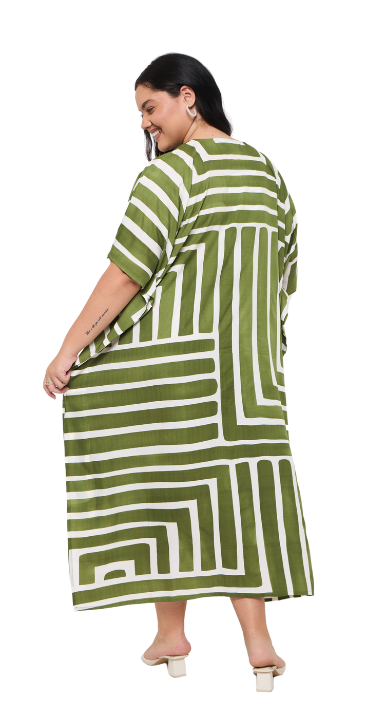 Olive green geometric maze stripe print plus size kaftan with V-neck and kimono sleeves — alternate view