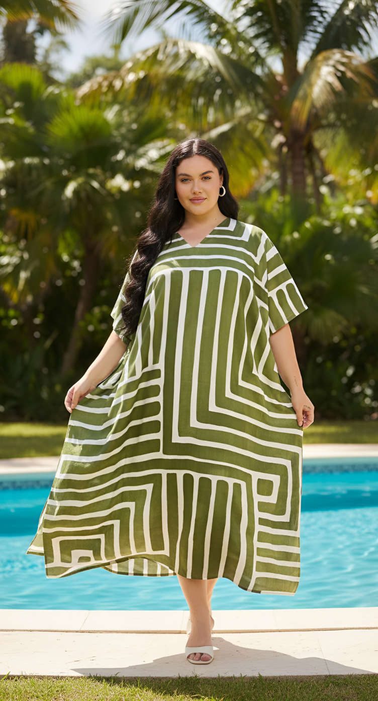 Striped Olive Green Polyester Women Plus Size Resort Kaftan