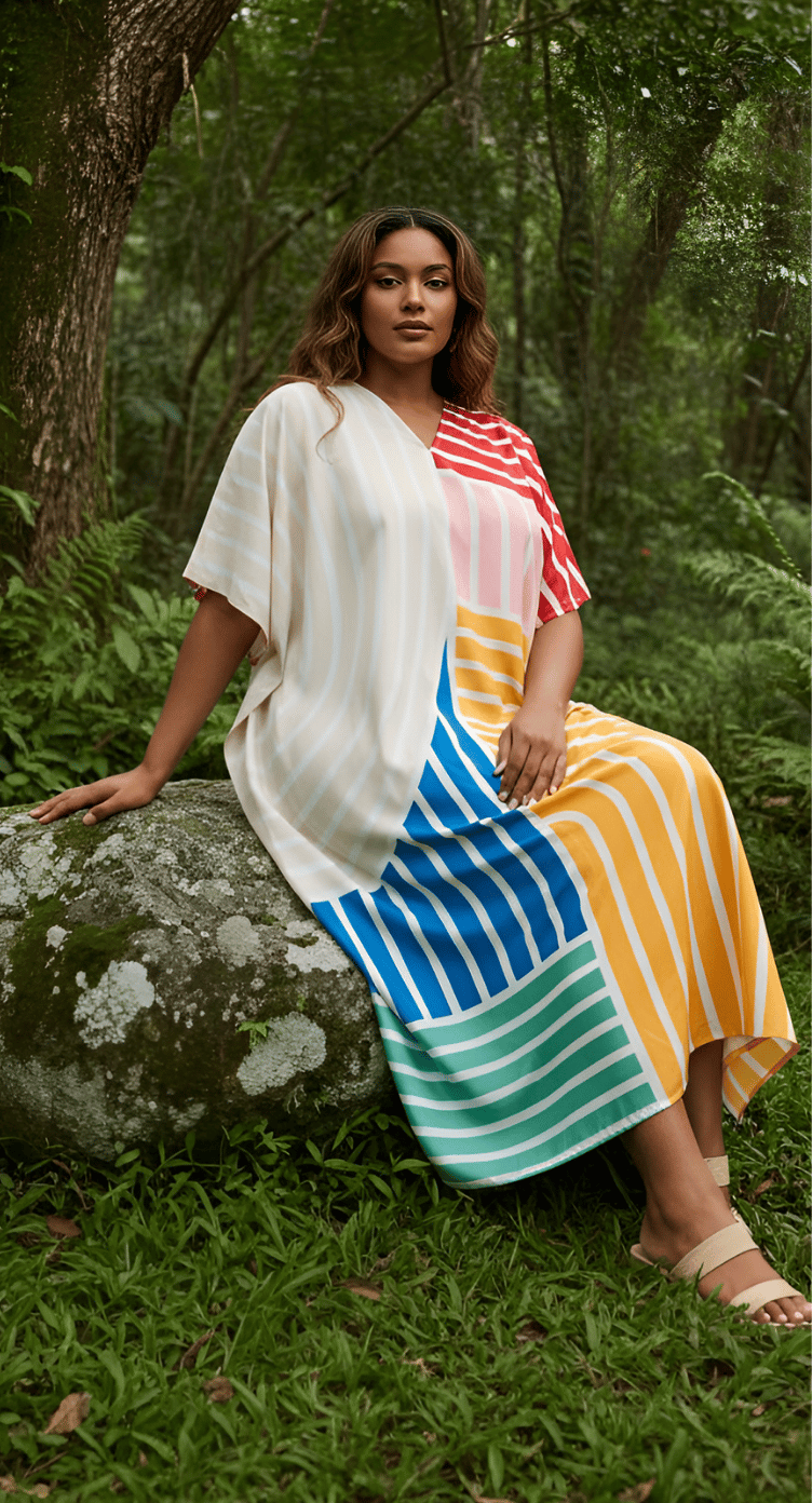 Yellow and mint rainbow stripe colorblock plus size kaftan with kimono sleeves