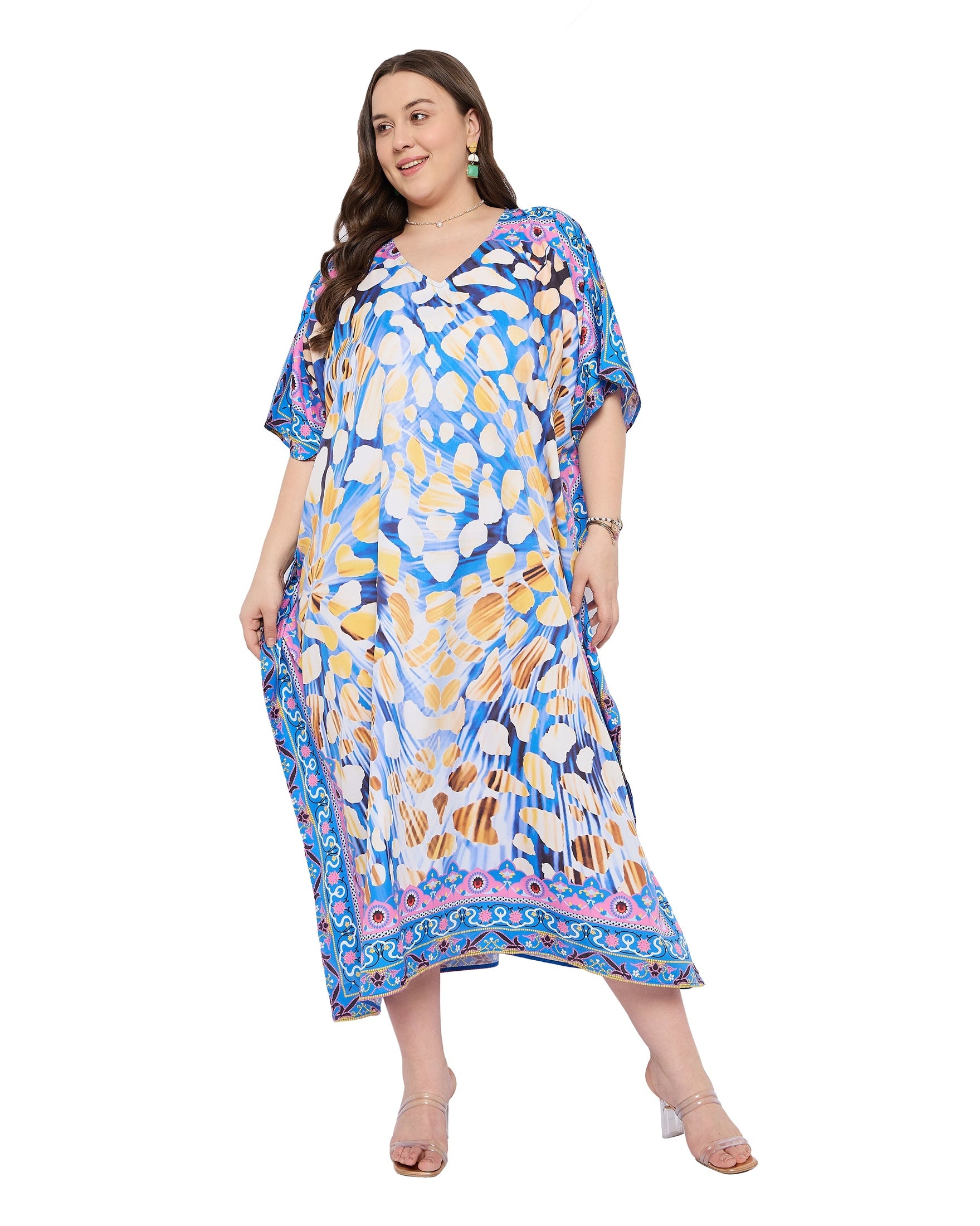 Sky Blue Polyester Women Plus Size Casual Kaftan Dress for Vacations