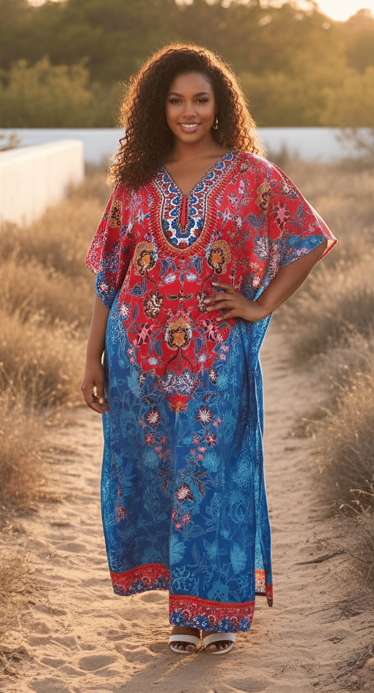 Royal blue plus size kaftan with red and orange ornate medallion print and embellished V-neckline