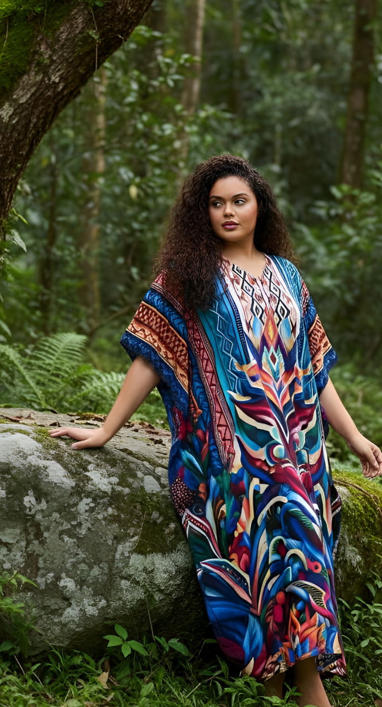 Leaf Cobalt Blue Polyester Women Plus Size Caftan Dress for Beach