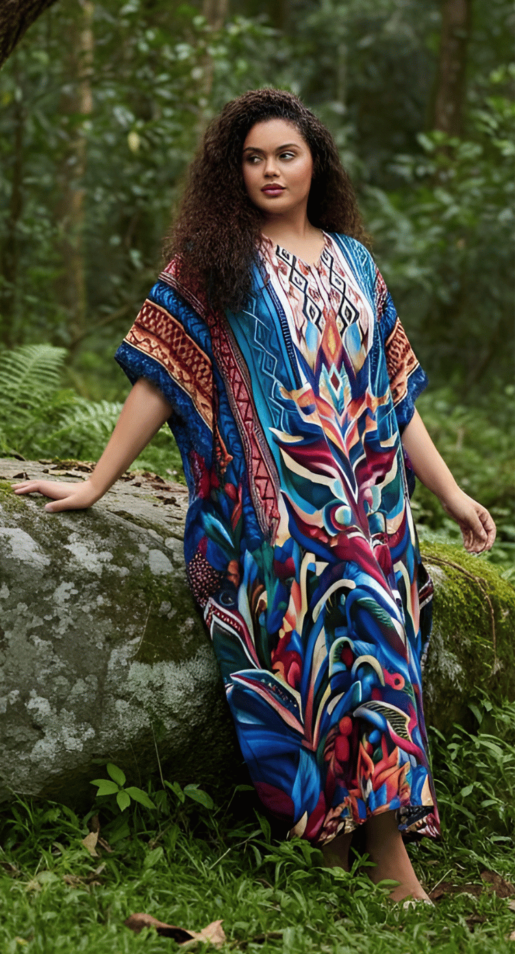 Multicolor peacock feather print plus size kaftan in blue and red with embellished V-neck