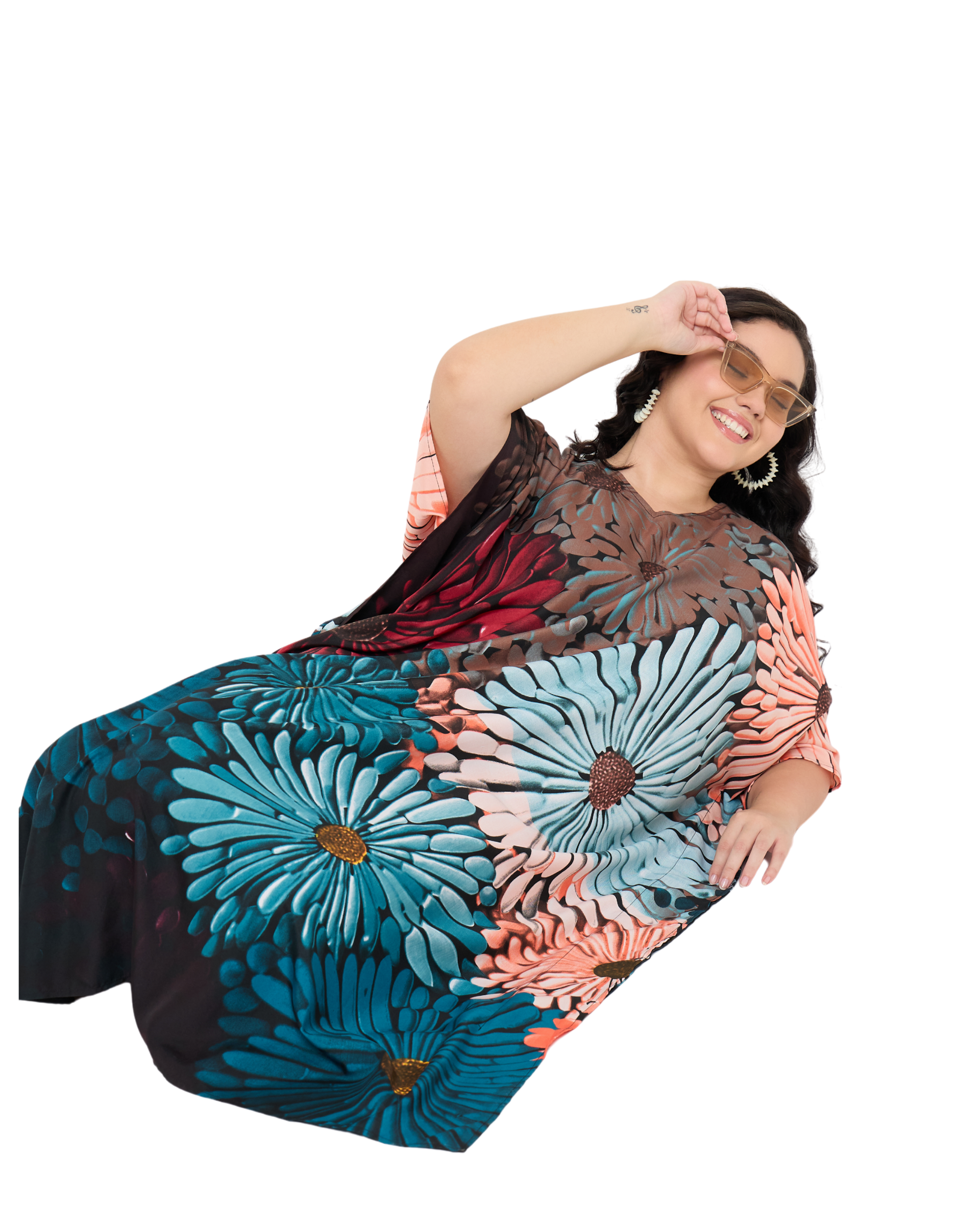Black Polyester Floral Women Plus Size Caftan Loungewear Dress