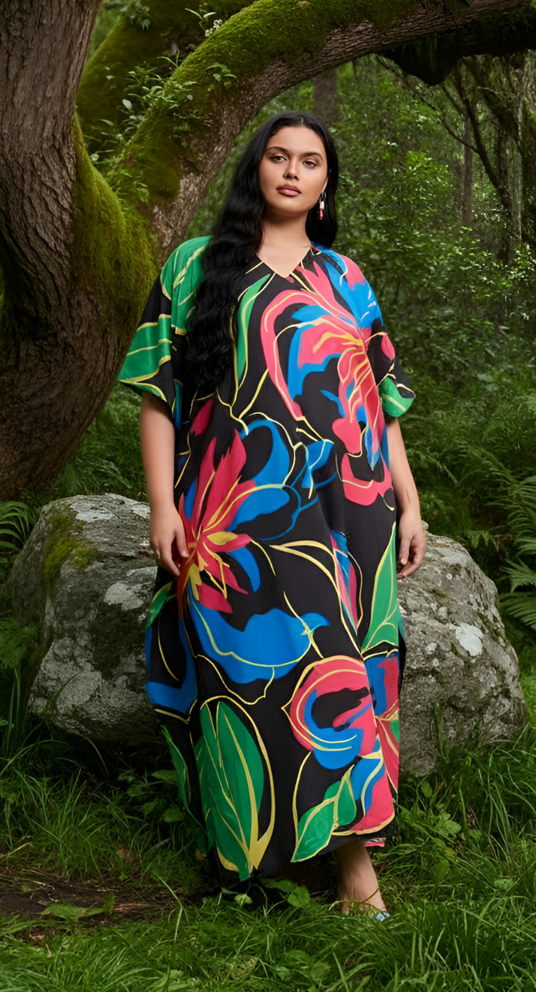 Floral Black Polyester Plus Size Vacation Caftan Dress